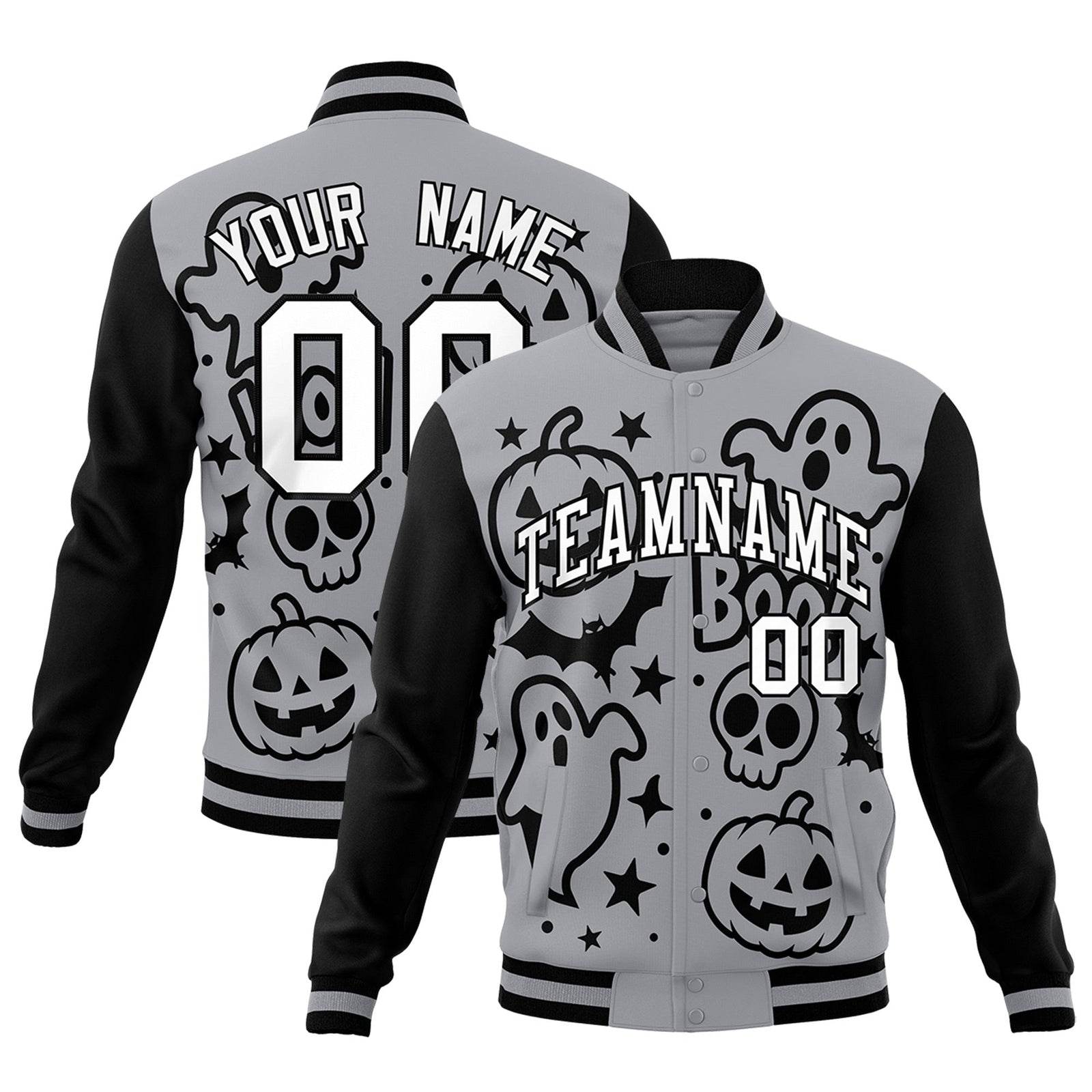 Custom Gray Black White Bats Pumpkins Ghost Patterns Halloween Letterman Jacket | Custom Letterman Jacket,Add Name and Numbern,Sublimation Printed & Stitched,Perfect for Parties | KXKSHOP
