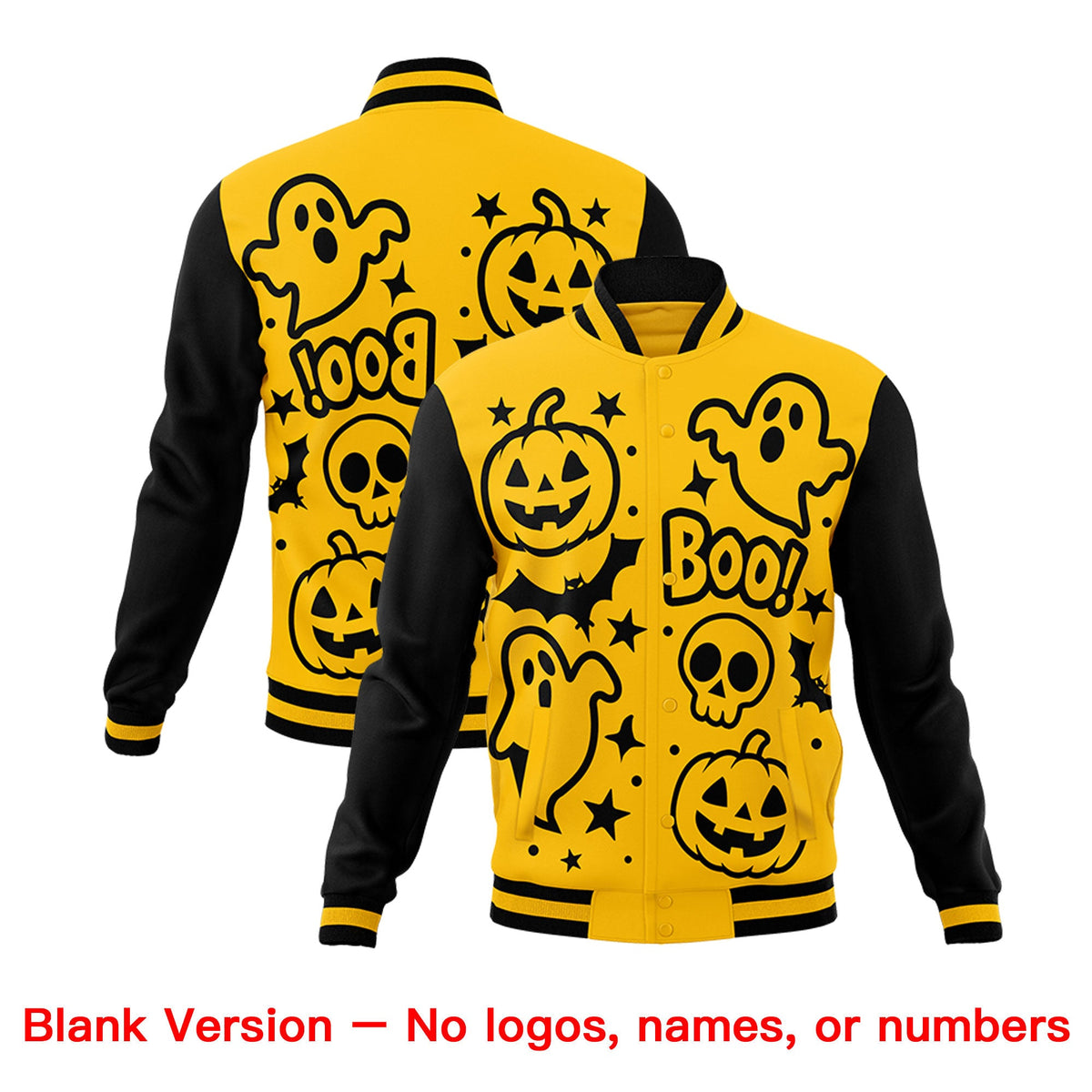 Custom Gold Black Red Bats Pumpkins Ghost Patterns Halloween Letterman Jacket | Custom Letterman Jacket,Add Name and Numbern,Sublimation Printed &amp; Stitched,Perfect for Parties | KXKSHOP