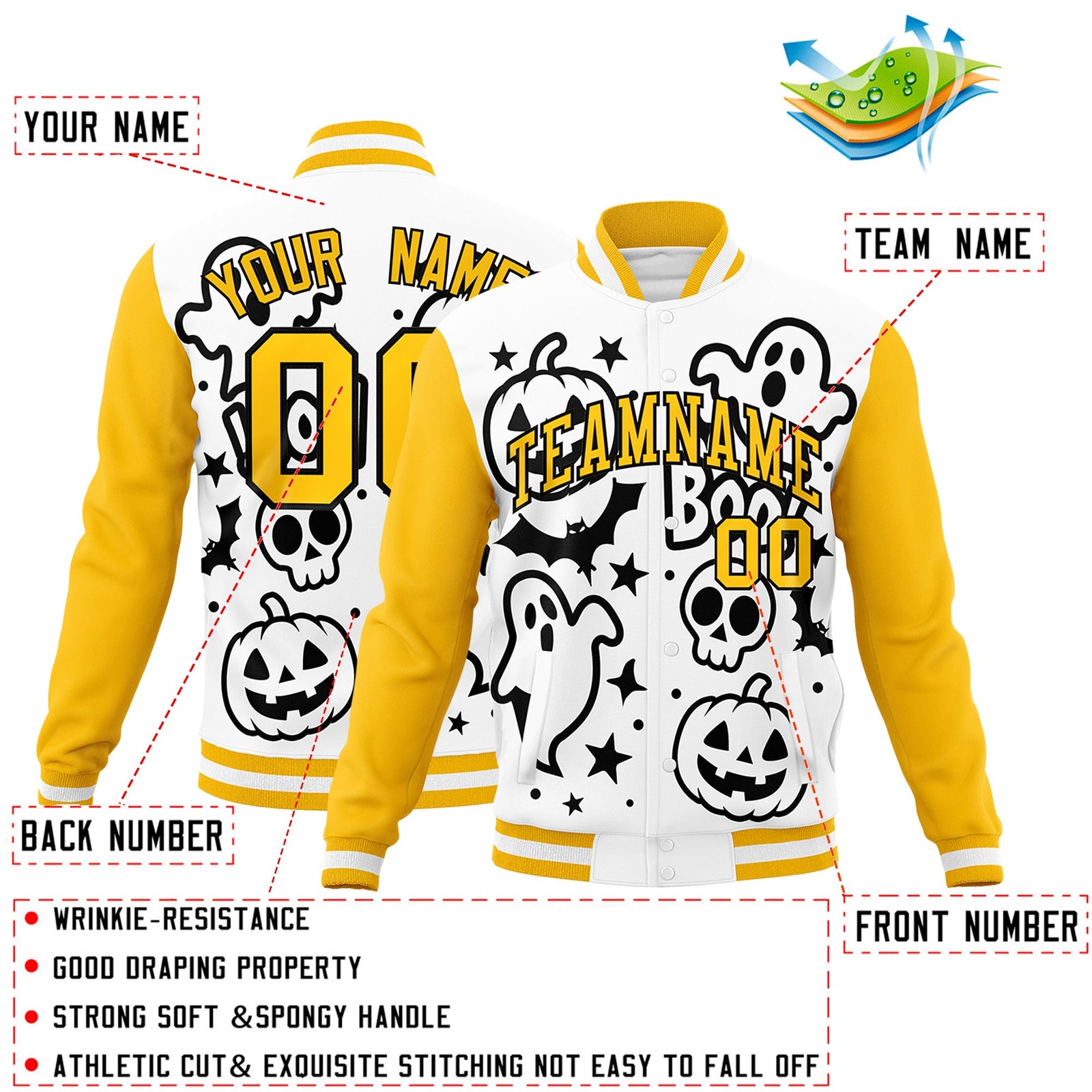 Custom White Black Gold Bats Pumpkins Ghost Patterns Halloween Letterman Jacket | Custom Letterman Jacket,Add Name and Numbern,Sublimation Printed & Stitched,Perfect for Parties | KXKSHOP