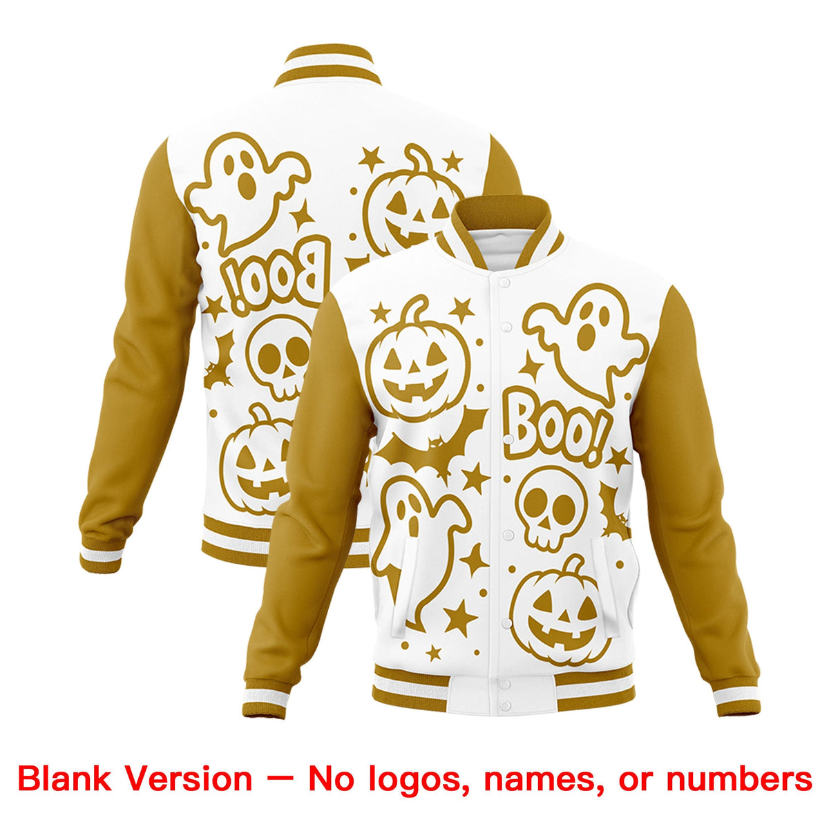 Custom White Old Gold Black Bats Pumpkins Ghost Patterns Halloween Letterman Jacket | Custom Letterman Jacket,Add Name and Numbern,Sublimation Printed &amp; Stitched,Perfect for Parties | KXKSHOP