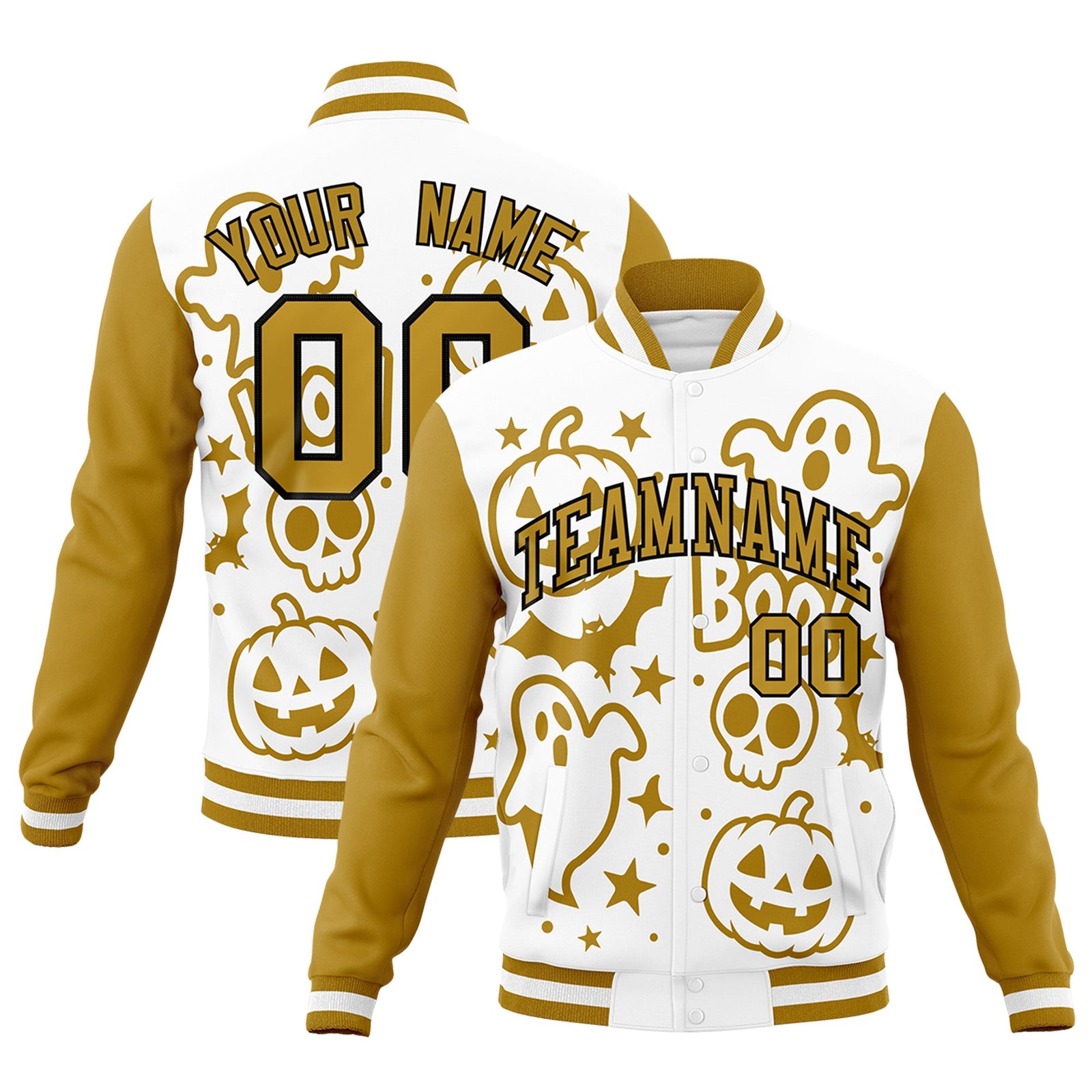 Custom White Old Gold Black Bats Pumpkins Ghost Patterns Halloween Letterman Jacket | Custom Letterman Jacket,Add Name and Numbern,Sublimation Printed & Stitched,Perfect for Parties | KXKSHOP