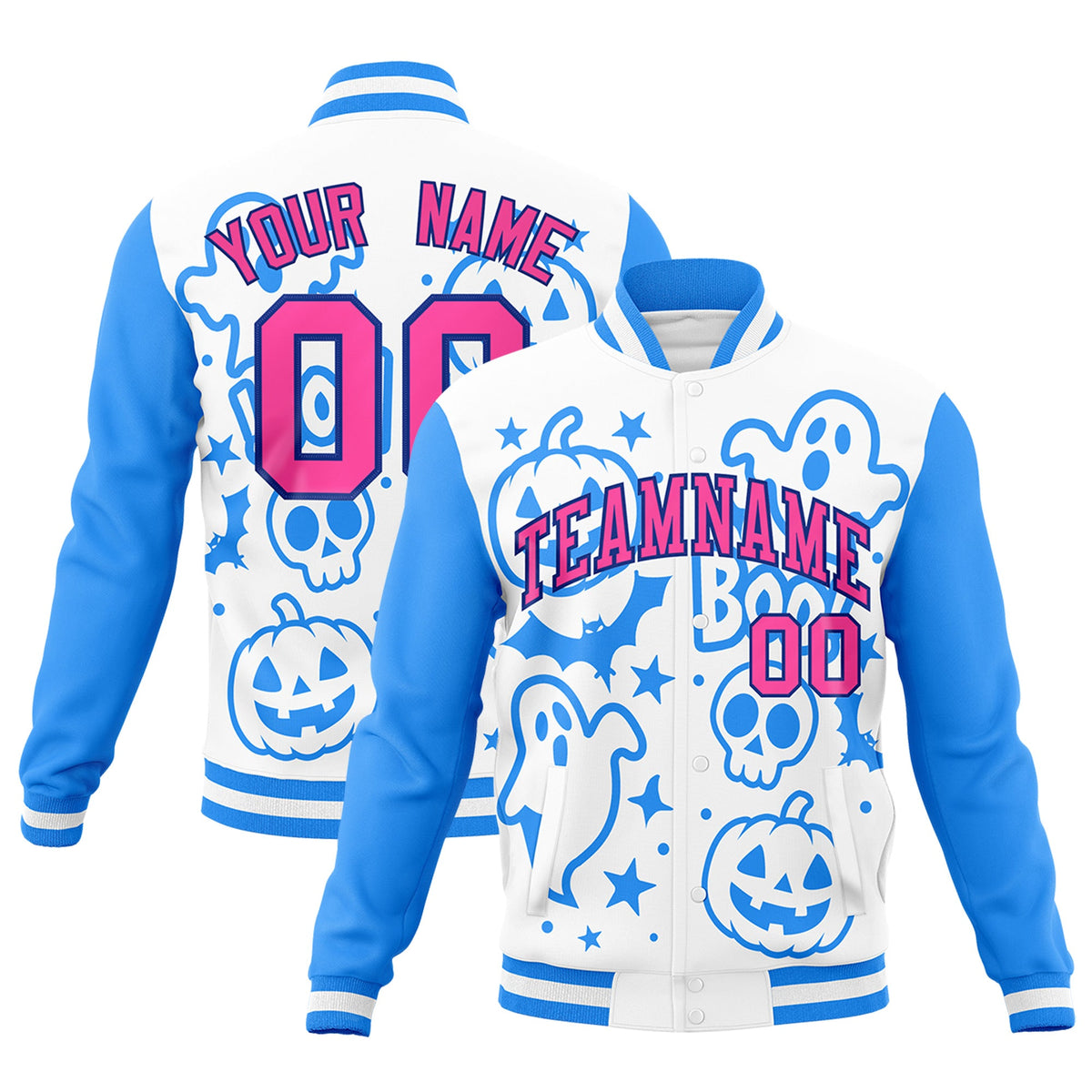 Custom White Powder Blue Pink Bats Pumpkins Ghost Patterns Halloween Letterman Jacket | Custom Letterman Jacket,Add Name and Numbern,Sublimation Printed &amp; Stitched,Perfect for Parties | KXKSHOP