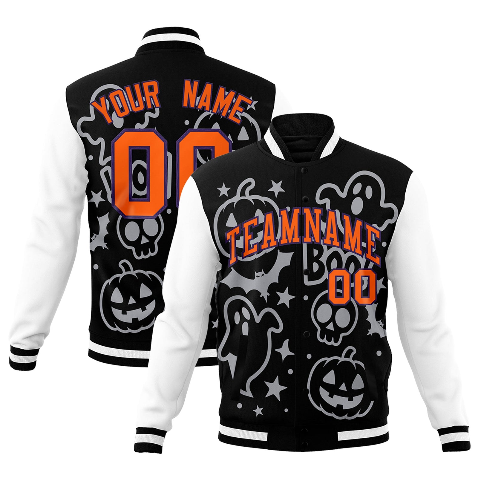 Custom Navy White Orange Bats Pumpkins Ghost Patterns Halloween Letterman Jacket | Custom Letterman Jacket,Add Name and Numbern,Sublimation Printed & Stitched,Perfect for Parties | KXKSHOP