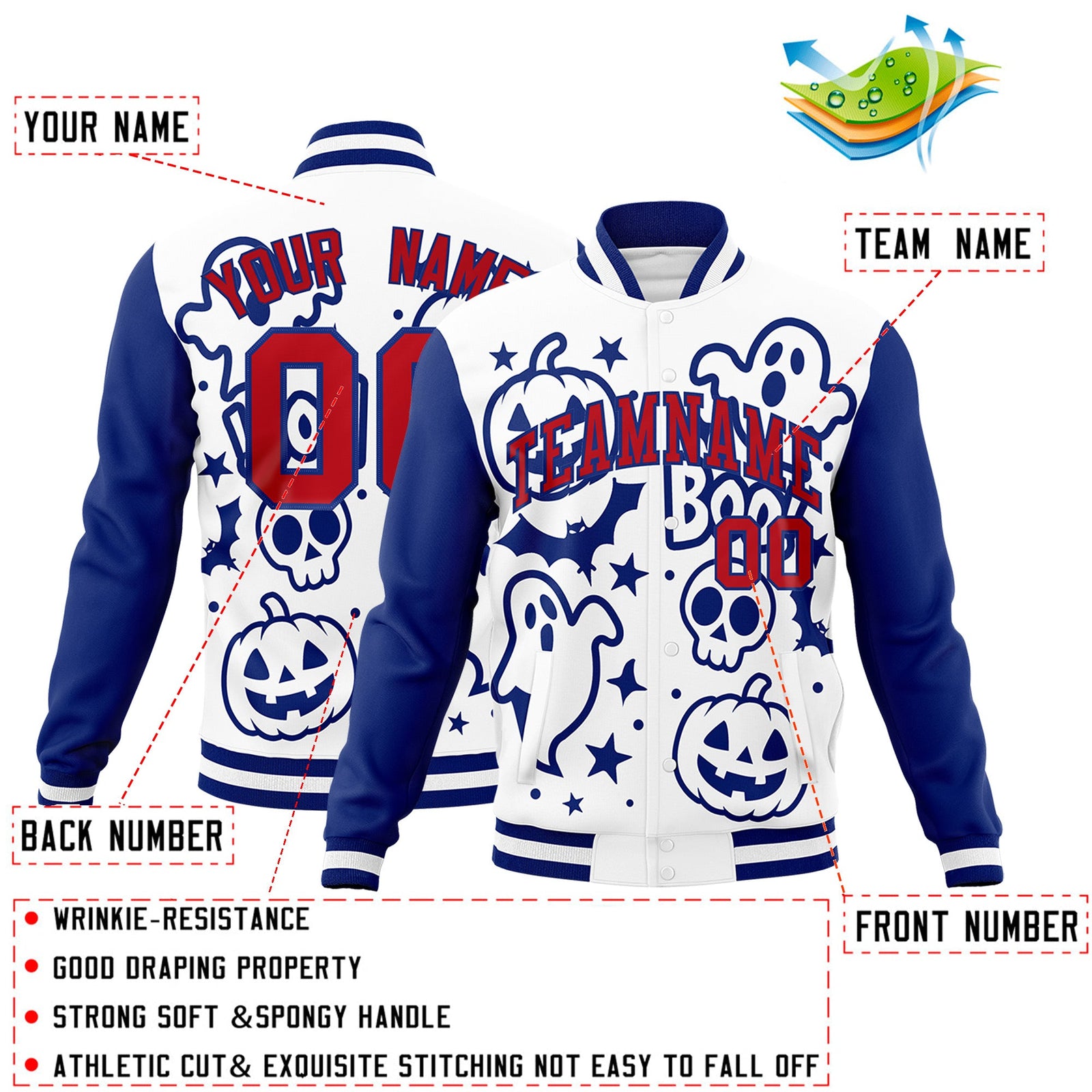 Custom Royal Blue White Red Bats Pumpkins Ghost Patterns Halloween Letterman Jacket | Custom Letterman Jacket,Add Name and Numbern,Sublimation Printed & Stitched,Perfect for Parties | KXKSHOP