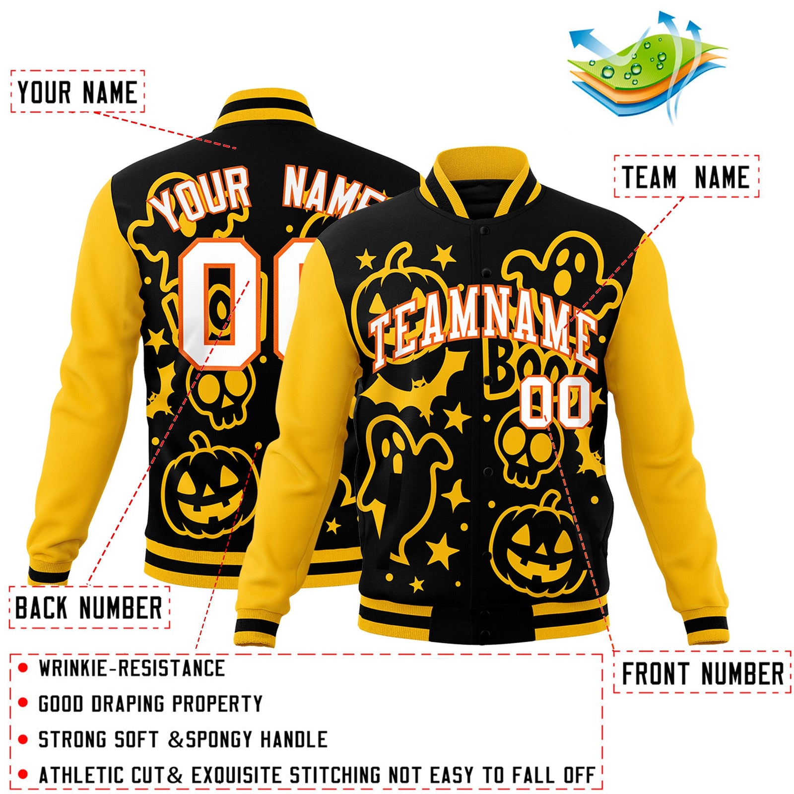 Custom Gold Black White Bats Pumpkins Ghost Patterns Halloween Letterman Jacket | Custom Letterman Jacket,Add Name and Numbern,Sublimation Printed & Stitched,Perfect for Parties | KXKSHOP