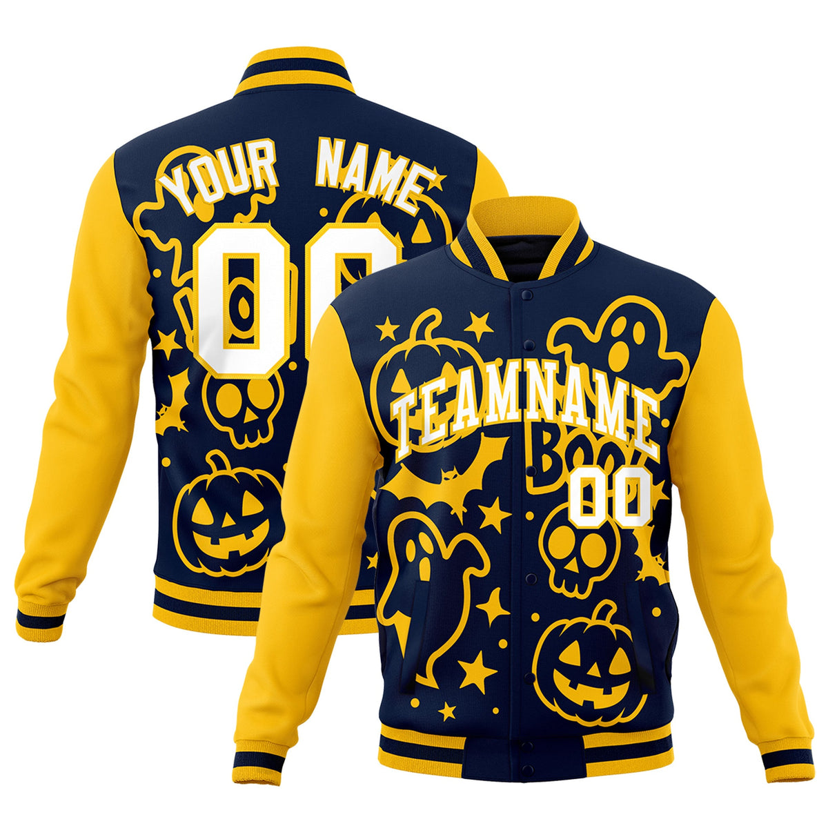 Custom Gold Navy White Bats Pumpkins Ghost Patterns Halloween Letterman Jacket | Custom Letterman Jacket,Add Name and Numbern,Sublimation Printed &amp; Stitched,Perfect for Parties | KXKSHOP