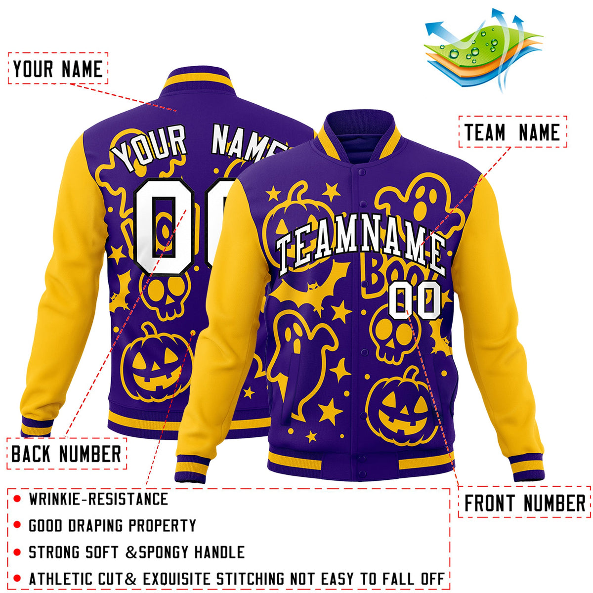 Custom Purple Gold White Bats Pumpkins Ghost Patterns Halloween Letterman Jacket | Custom Letterman Jacket,Add Name and Numbern,Sublimation Printed &amp; Stitched,Perfect for Parties | KXKSHOP