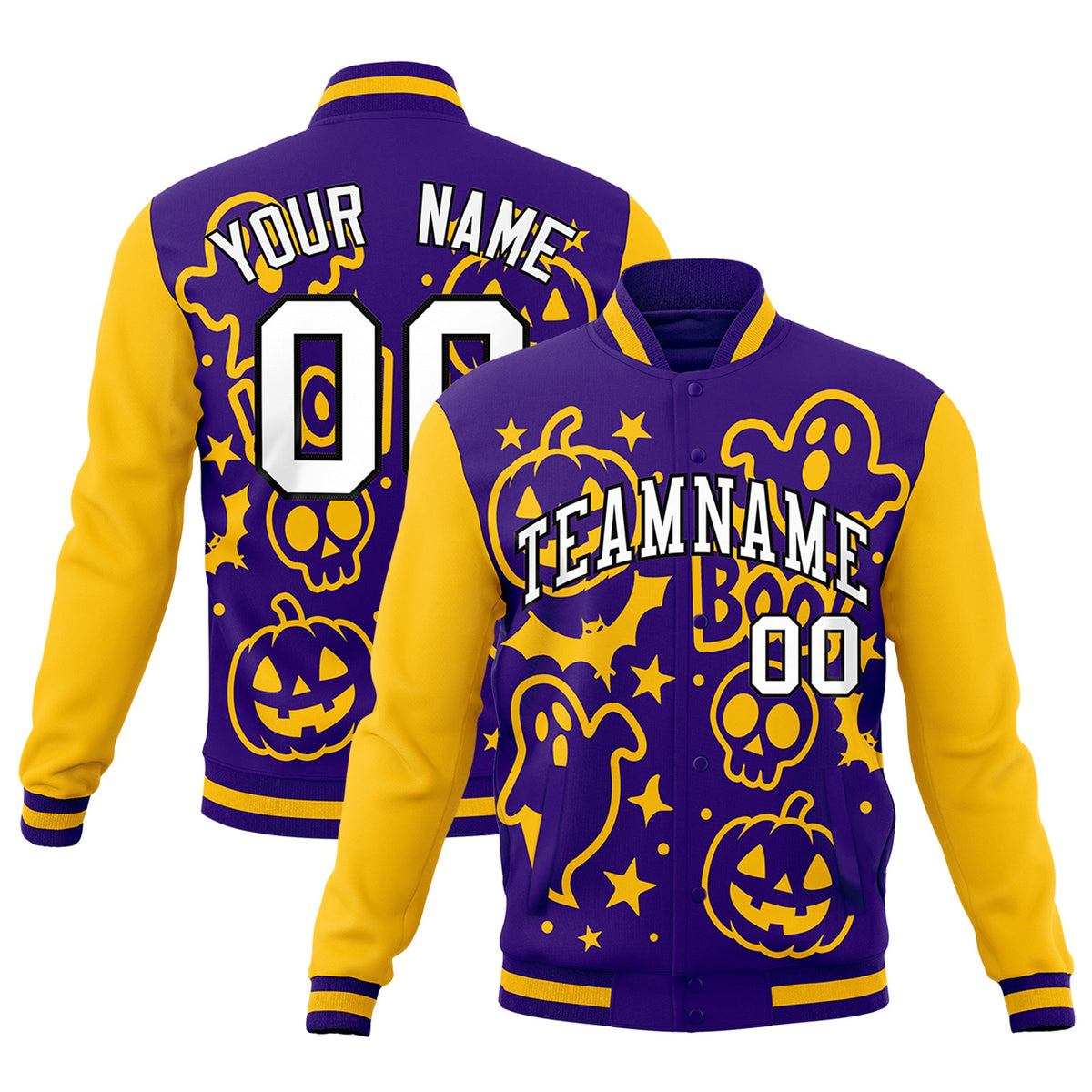 Custom Purple Gold White Bats Pumpkins Ghost Patterns Halloween Letterman Jacket | Custom Letterman Jacket,Add Name and Numbern,Sublimation Printed &amp; Stitched,Perfect for Parties | KXKSHOP