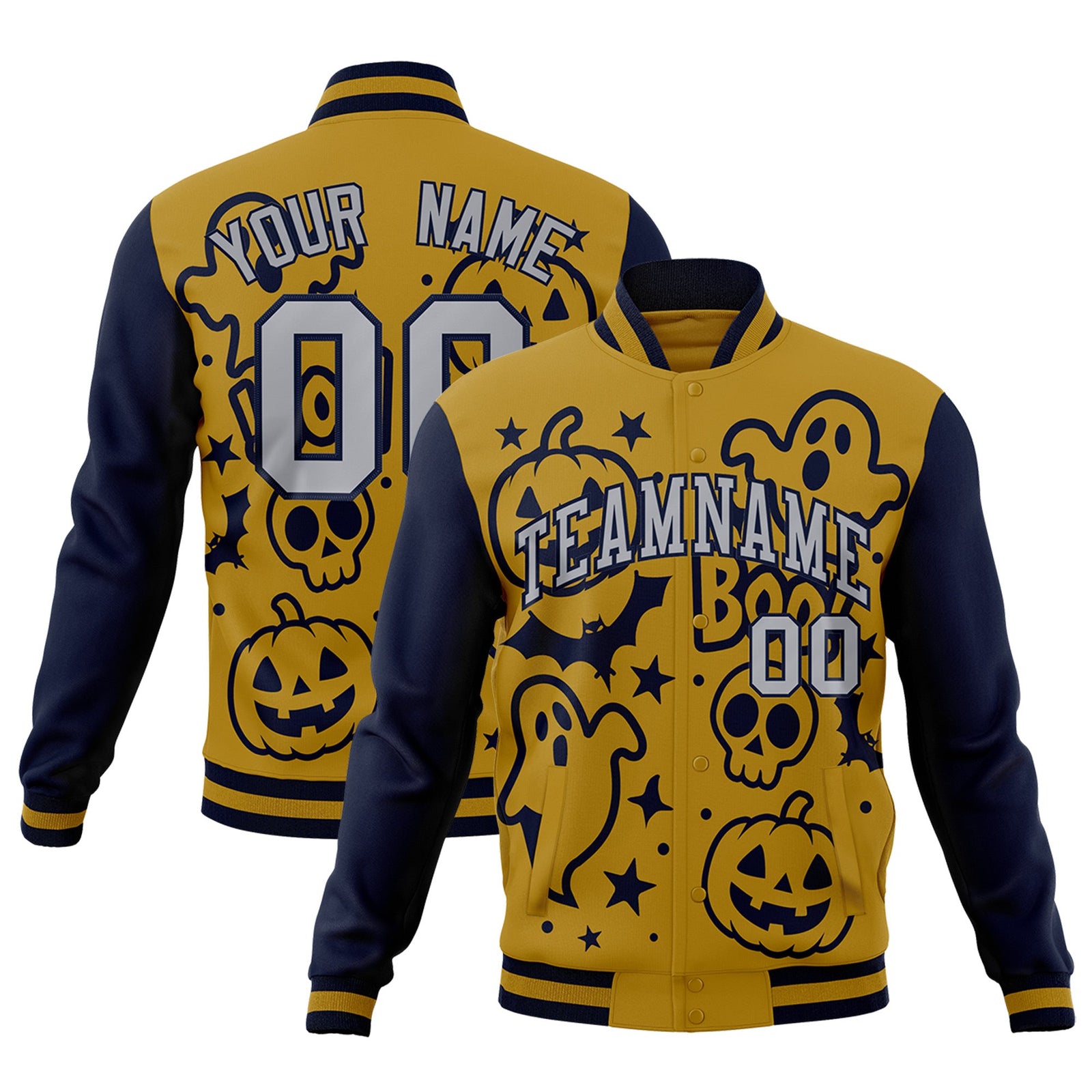 Custom Navy Old Gold Gray Bats Pumpkins Ghost Patterns Halloween Letterman Jacket | Custom Letterman Jacket,Add Name and Numbern,Sublimation Printed & Stitched,Perfect for Parties | KXKSHOP