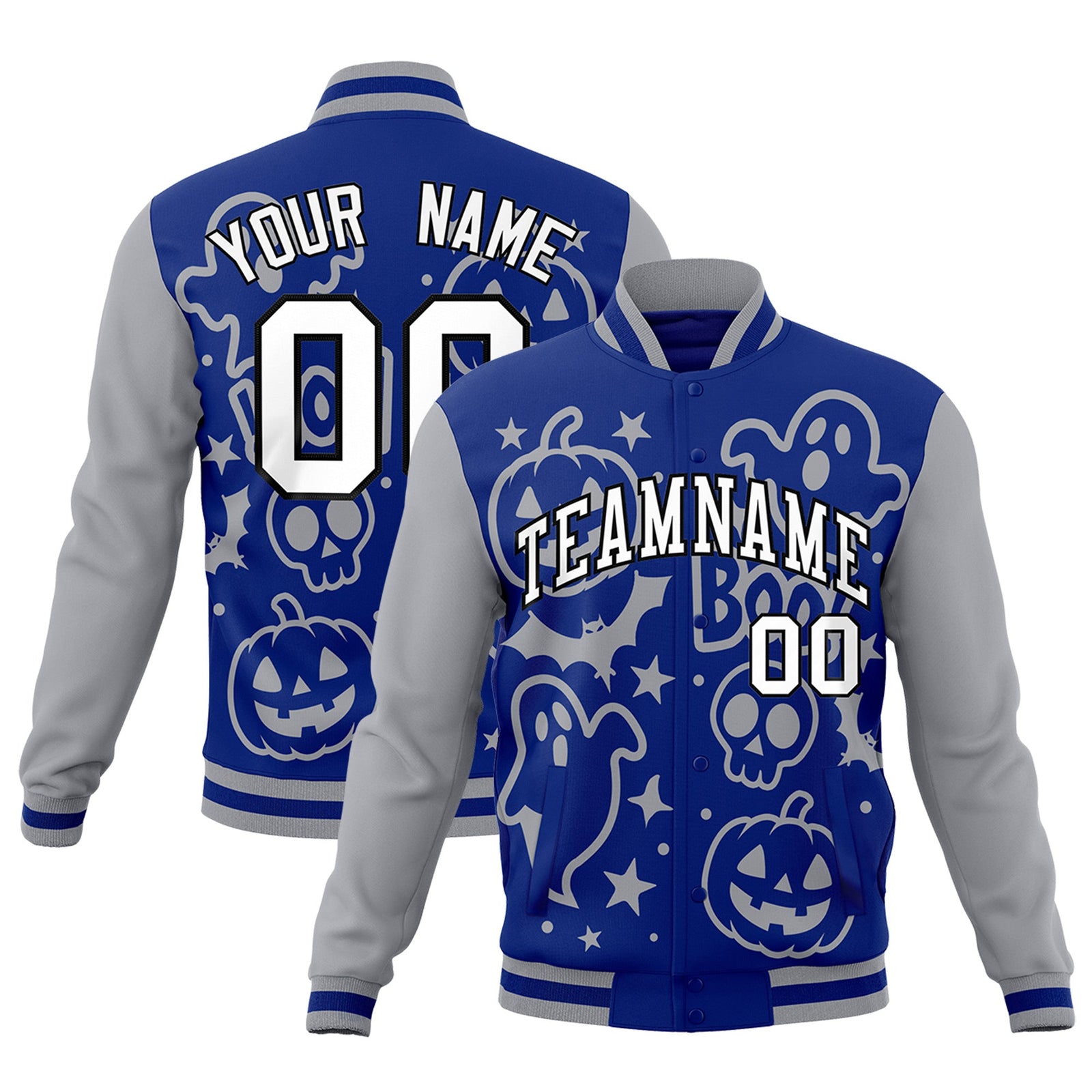 Custom Gray Royal Blue White Bats Pumpkins Ghost Patterns Halloween Letterman Jacket | Custom Letterman Jacket,Add Name and Numbern,Sublimation Printed & Stitched,Perfect for Parties | KXKSHOP