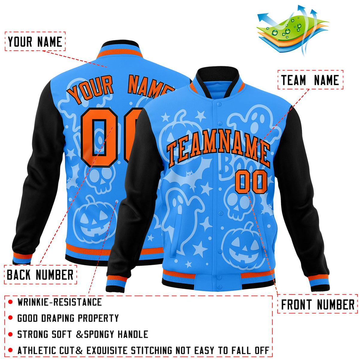 Custom Orange Powder Blue Black Bats Pumpkins Ghost Patterns Halloween Letterman Jacket | Custom Letterman Jacket,Add Name and Numbern,Sublimation Printed &amp; Stitched,Perfect for Parties | KXKSHOP