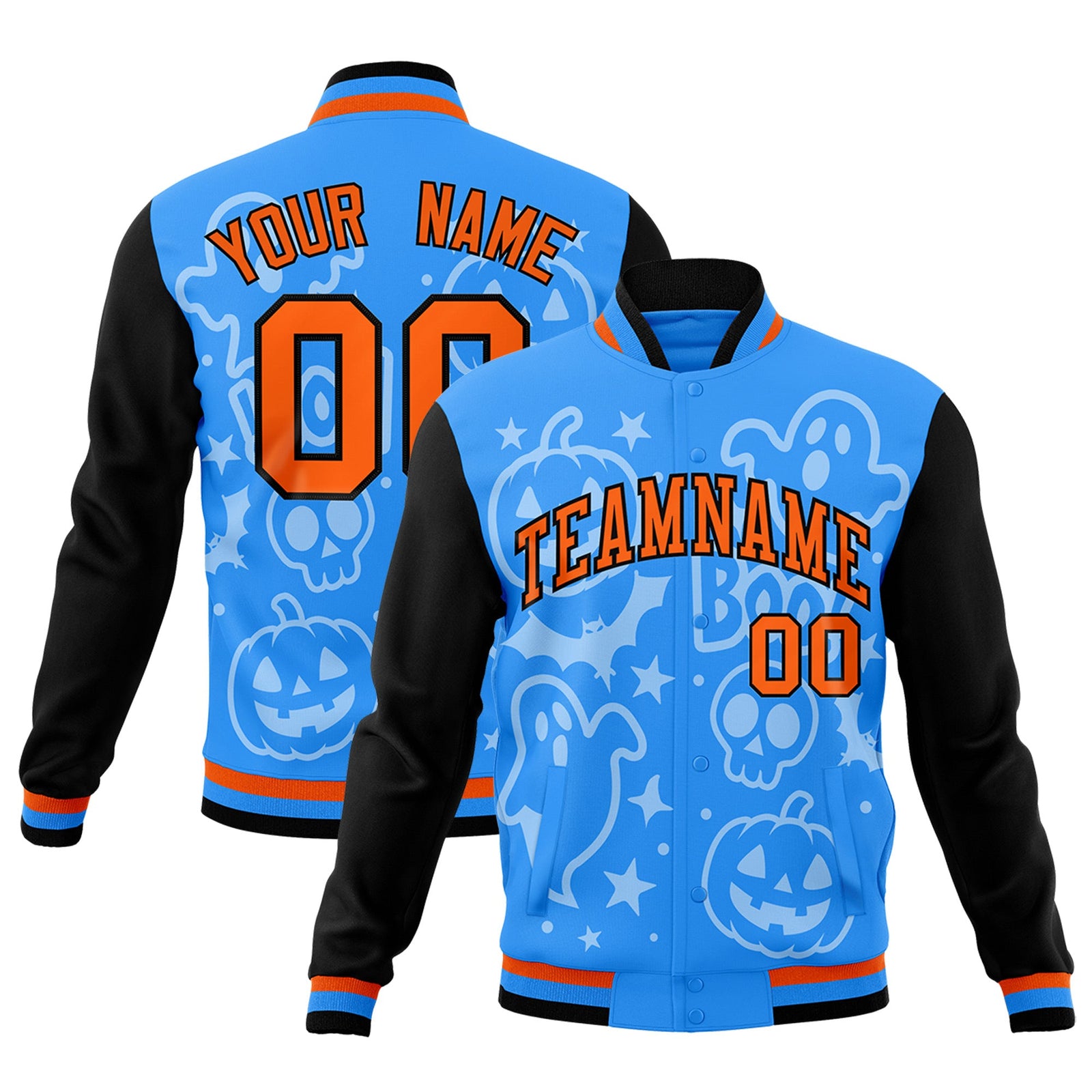 Custom Orange Powder Blue Black Bats Pumpkins Ghost Patterns Halloween Letterman Jacket | Custom Letterman Jacket,Add Name and Numbern,Sublimation Printed & Stitched,Perfect for Parties | KXKSHOP