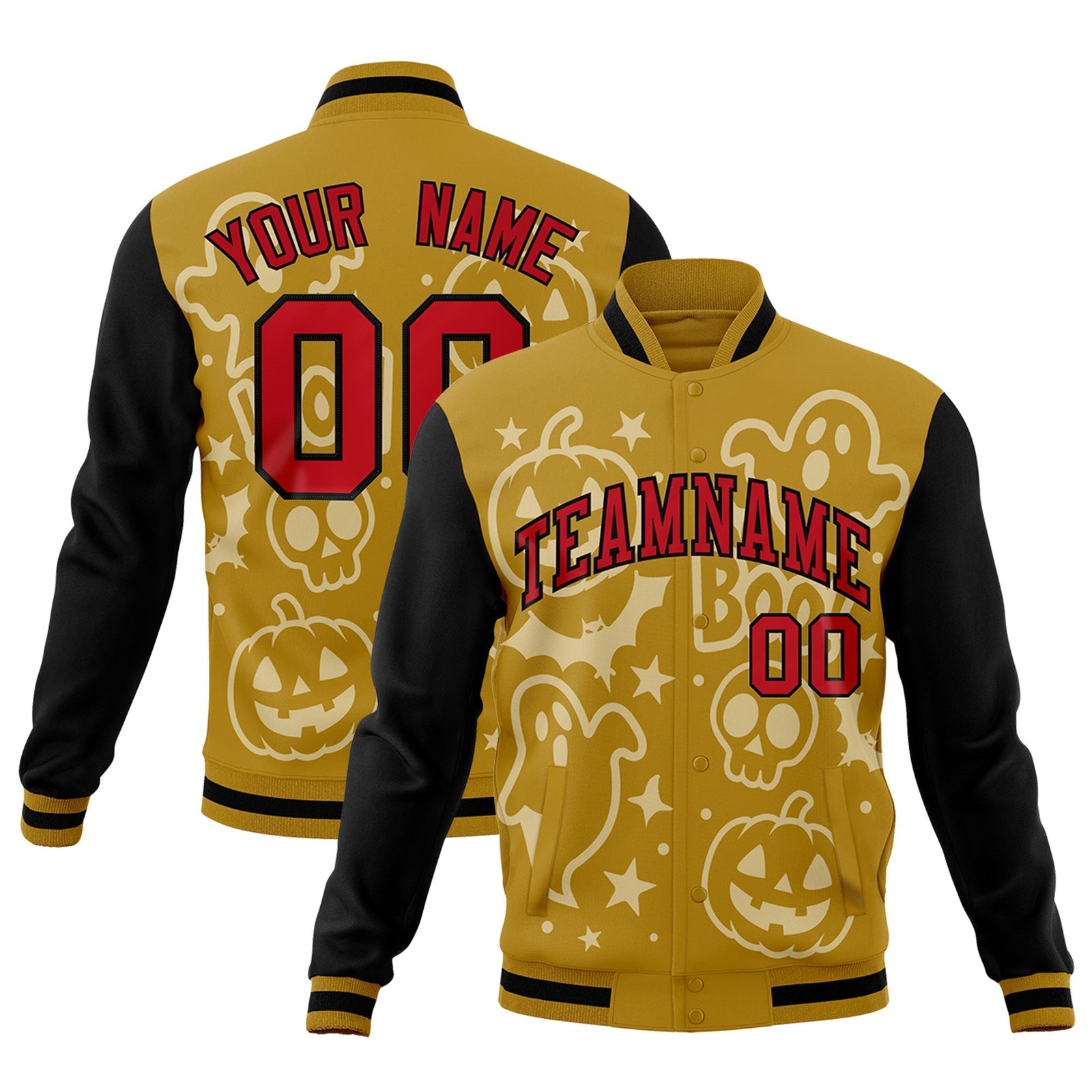 Custom Old Gold Black Red Bats Pumpkins Ghost Patterns Halloween Letterman Jacket | Custom Letterman Jacket,Add Name and Numbern,Sublimation Printed & Stitched,Perfect for Parties | KXKSHOP