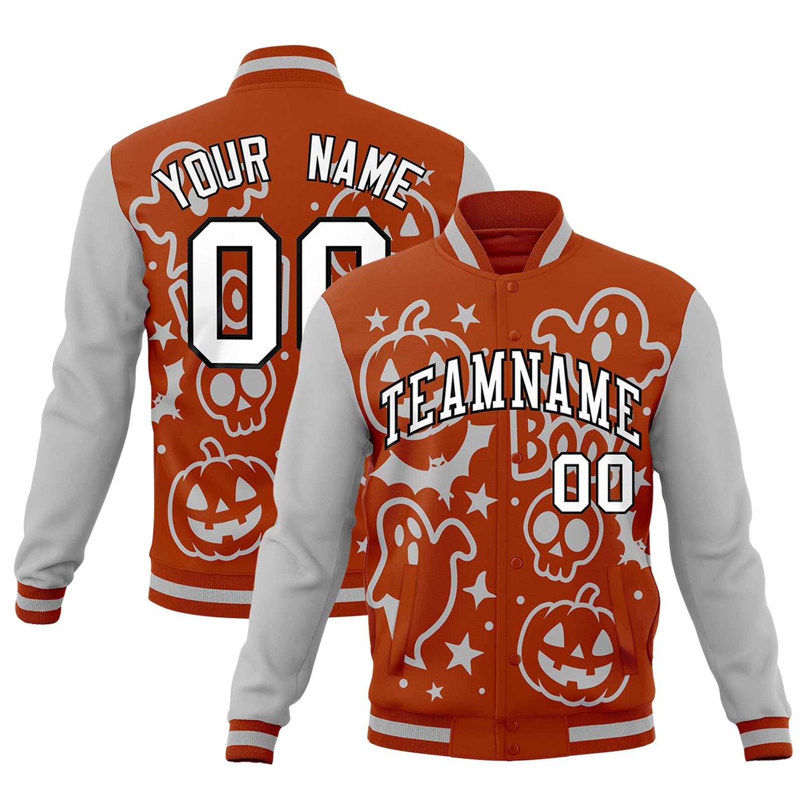 Custom Dark Orange Gray White Bats Pumpkins Ghost Patterns Halloween Letterman Jacket | Custom Letterman Jacket,Add Name and Numbern,Sublimation Printed & Stitched,Perfect for Parties | KXKSHOP