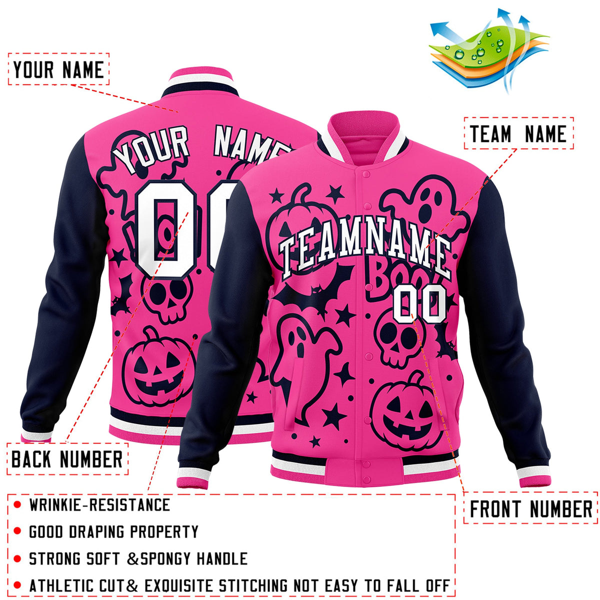 Custom Navy Pink White Bats Pumpkins Ghost Patterns Halloween Letterman Jacket | Custom Letterman Jacket,Add Name and Numbern,Sublimation Printed &amp; Stitched,Perfect for Parties | KXKSHOP