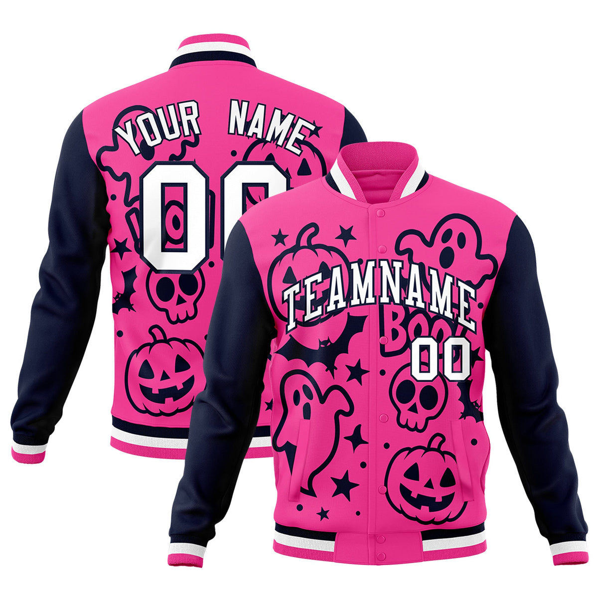 Custom Navy Pink White Bats Pumpkins Ghost Patterns Halloween Letterman Jacket | Custom Letterman Jacket,Add Name and Numbern,Sublimation Printed &amp; Stitched,Perfect for Parties | KXKSHOP