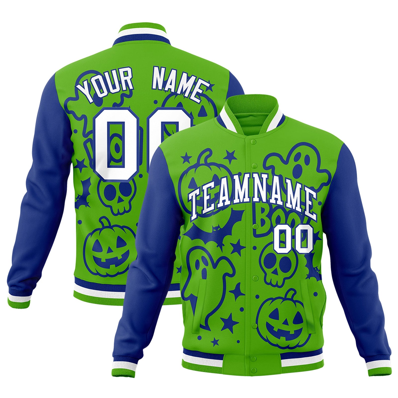 Custom Green Royal Blue White Bats Pumpkins Ghost Patterns Halloween Letterman Jacket | Custom Letterman Jacket,Add Name and Numbern,Sublimation Printed & Stitched,Perfect for Parties | KXKSHOP