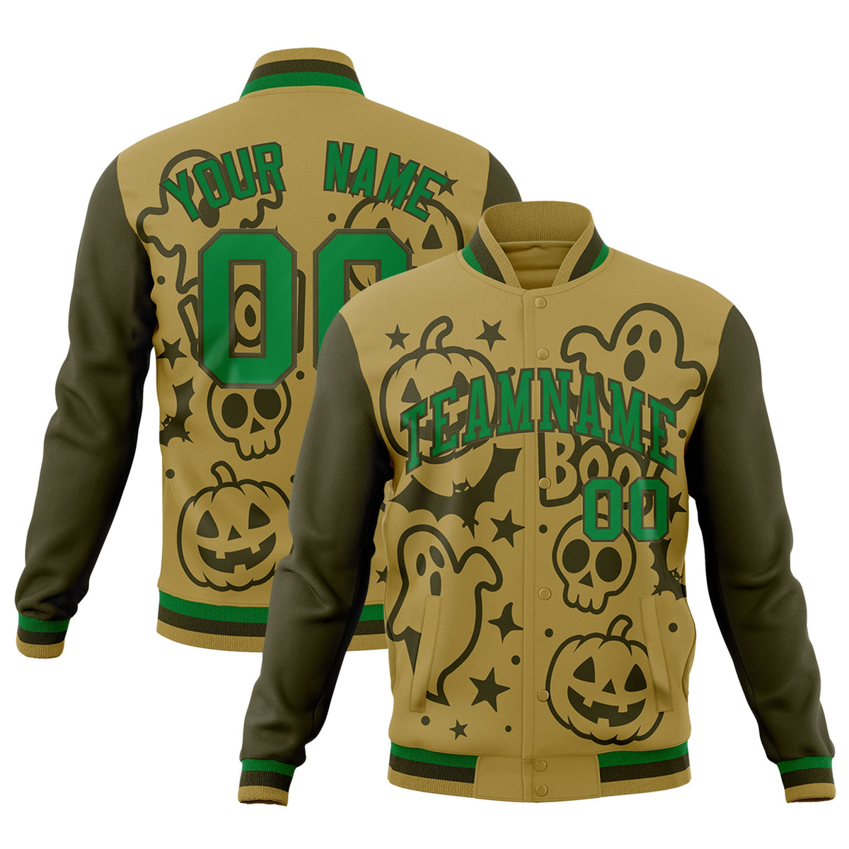 Custom Desert Yellow Kelly Green Olive Bats Pumpkins Ghost Patterns Halloween Letterman Jacket | Custom Letterman Jacket,Add Name and Numbern,Sublimation Printed &amp; Stitched,Perfect for Parties | KXKSHOP