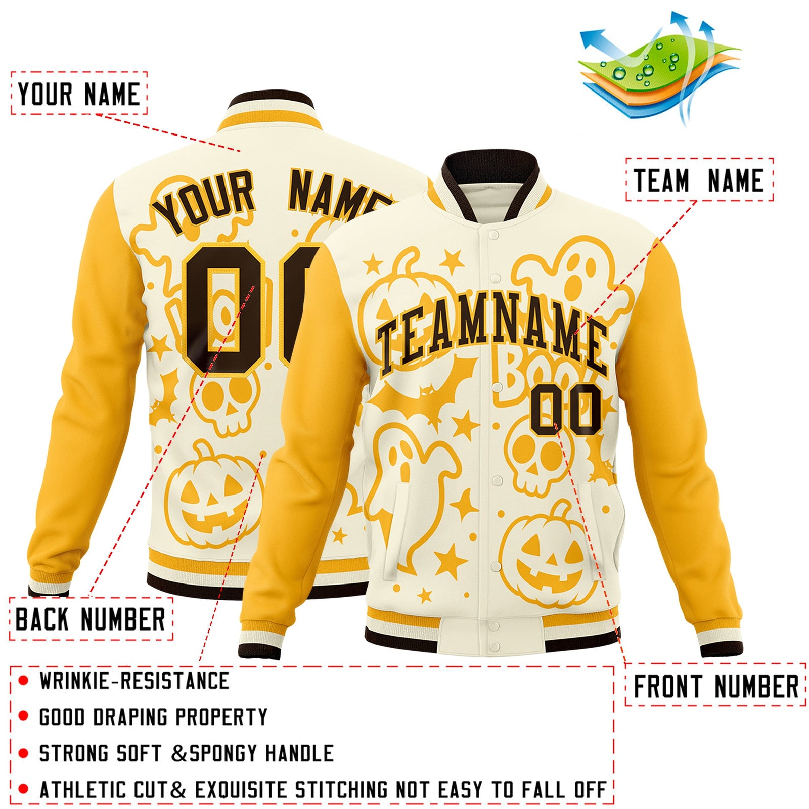 Custom Yellow Cream Gold Bats Pumpkins Ghost Patterns Halloween Letterman Jacket | Custom Letterman Jacket,Add Name and Numbern,Sublimation Printed & Stitched,Perfect for Parties | KXKSHOP