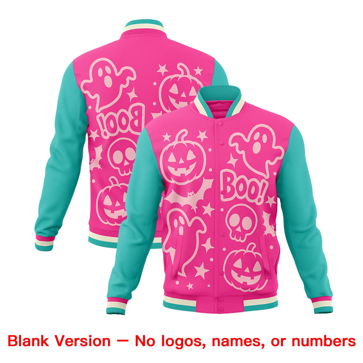 Custom Pink Bright Green Cream Bats Pumpkins Ghost Patterns Halloween Letterman Jacket | Custom Letterman Jacket,Add Name and Numbern,Sublimation Printed &amp; Stitched,Perfect for Parties | KXKSHOP