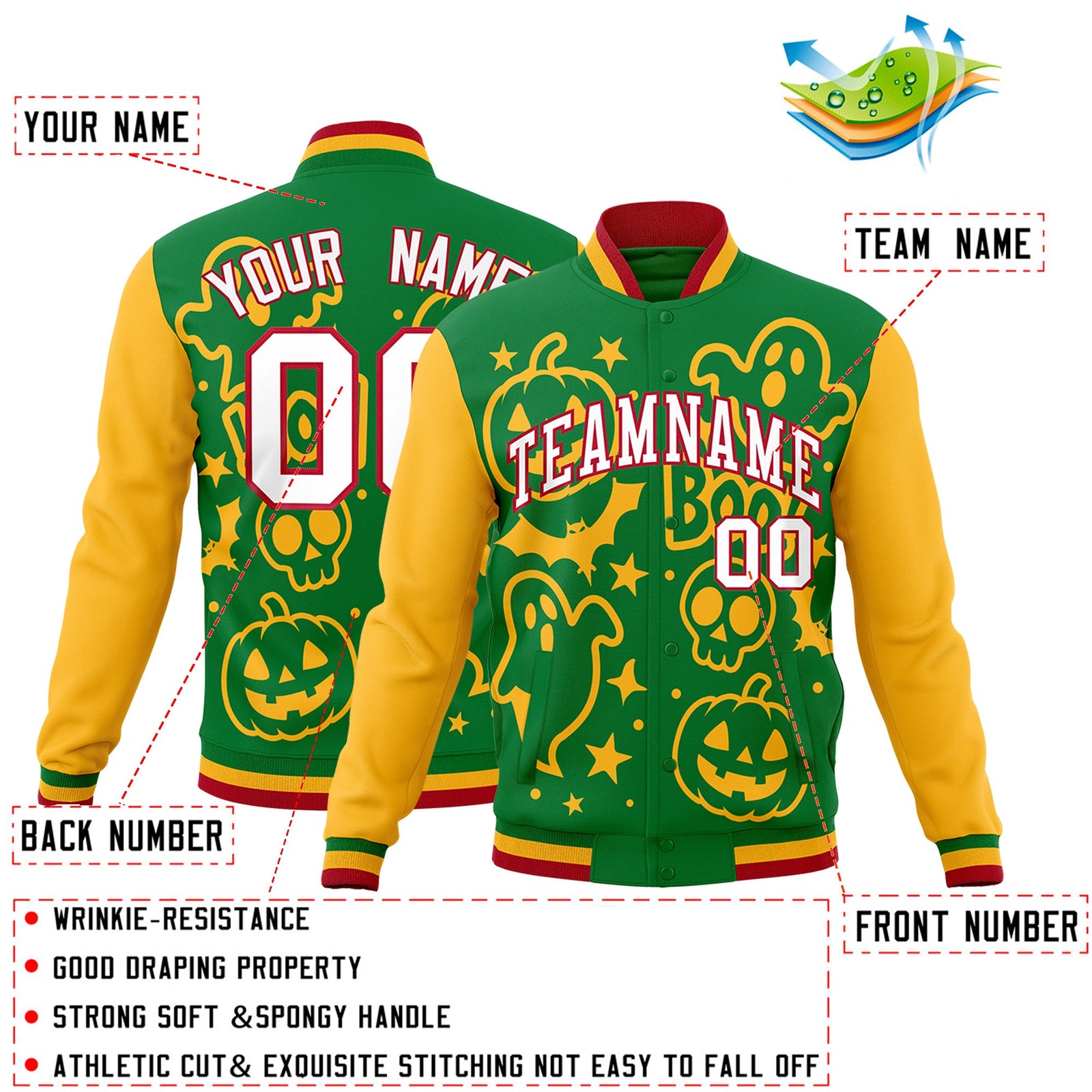 Custom Kelly Green Gold Red Bats Pumpkins Ghost Patterns Halloween Letterman Jacket | Custom Letterman Jacket,Add Name and Numbern,Sublimation Printed & Stitched,Perfect for Parties | KXKSHOP