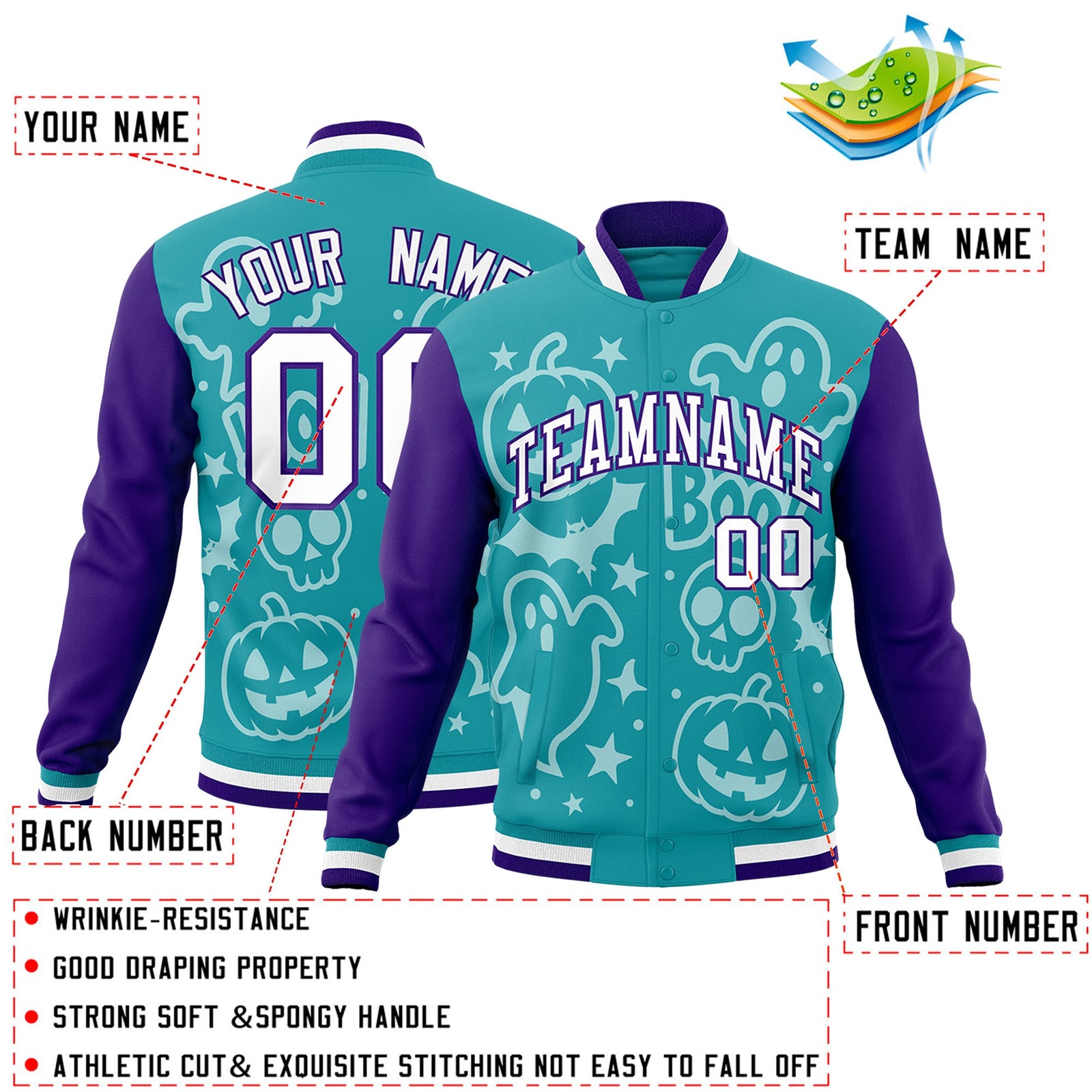 Custom Aqua Purple White Bats Pumpkins Ghost Patterns Halloween Letterman Jacket | Custom Letterman Jacket,Add Name and Numbern,Sublimation Printed & Stitched,Perfect for Parties | KXKSHOP