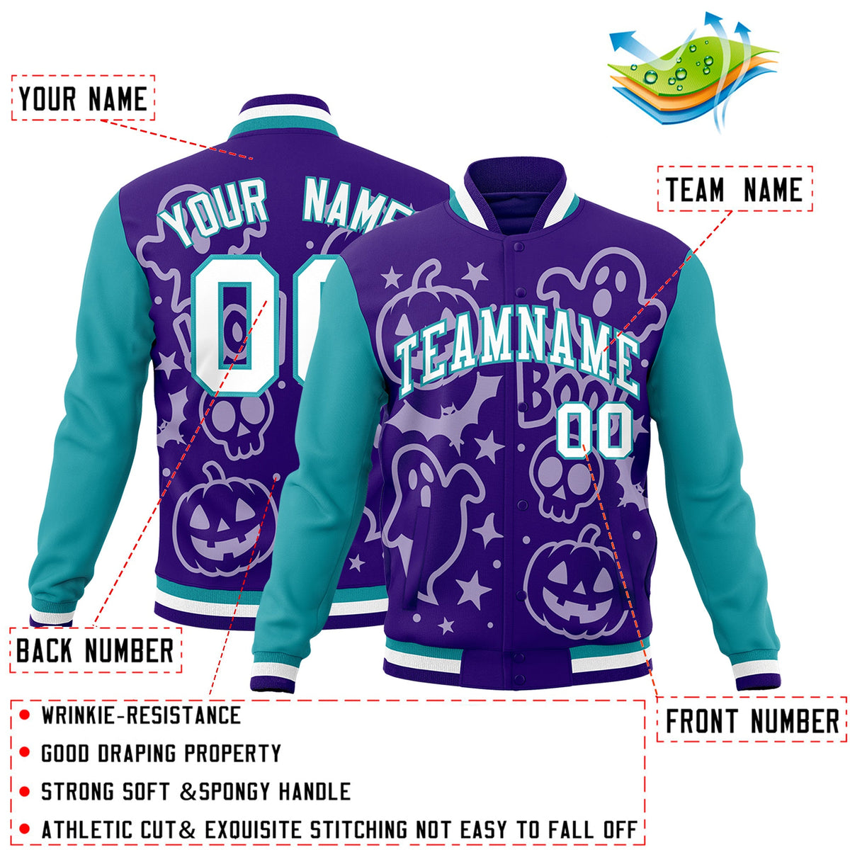 Custom Purple Aqua White Bats Pumpkins Ghost Patterns Halloween Letterman Jacket | Custom Letterman Jacket,Add Name and Numbern,Sublimation Printed & Stitched,Perfect for Parties | KXKSHOP