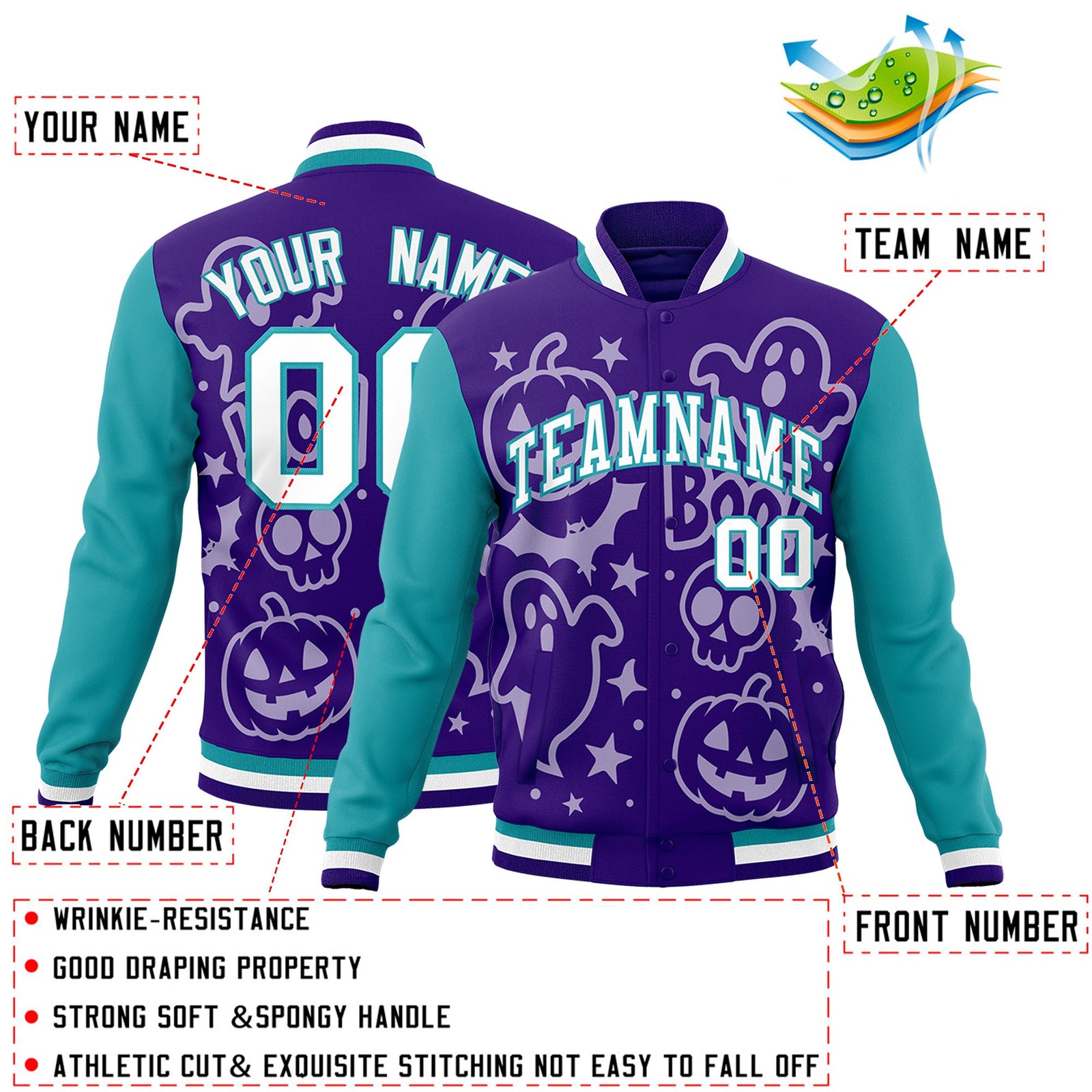 Custom Purple Aqua White Bats Pumpkins Ghost Patterns Halloween Letterman Jacket | Custom Letterman Jacket,Add Name and Numbern,Sublimation Printed & Stitched,Perfect for Parties | KXKSHOP