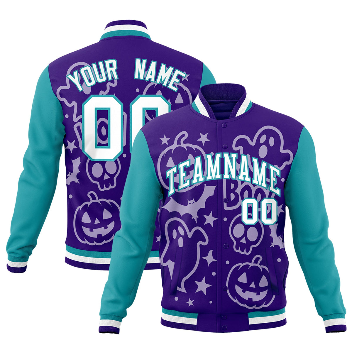 Custom Purple Aqua White Bats Pumpkins Ghost Patterns Halloween Letterman Jacket | Custom Letterman Jacket,Add Name and Numbern,Sublimation Printed & Stitched,Perfect for Parties | KXKSHOP