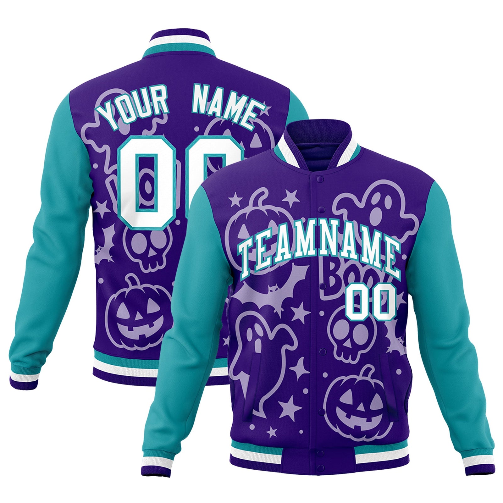 Custom Purple Aqua White Bats Pumpkins Ghost Patterns Halloween Letterman Jacket | Custom Letterman Jacket,Add Name and Numbern,Sublimation Printed & Stitched,Perfect for Parties | KXKSHOP