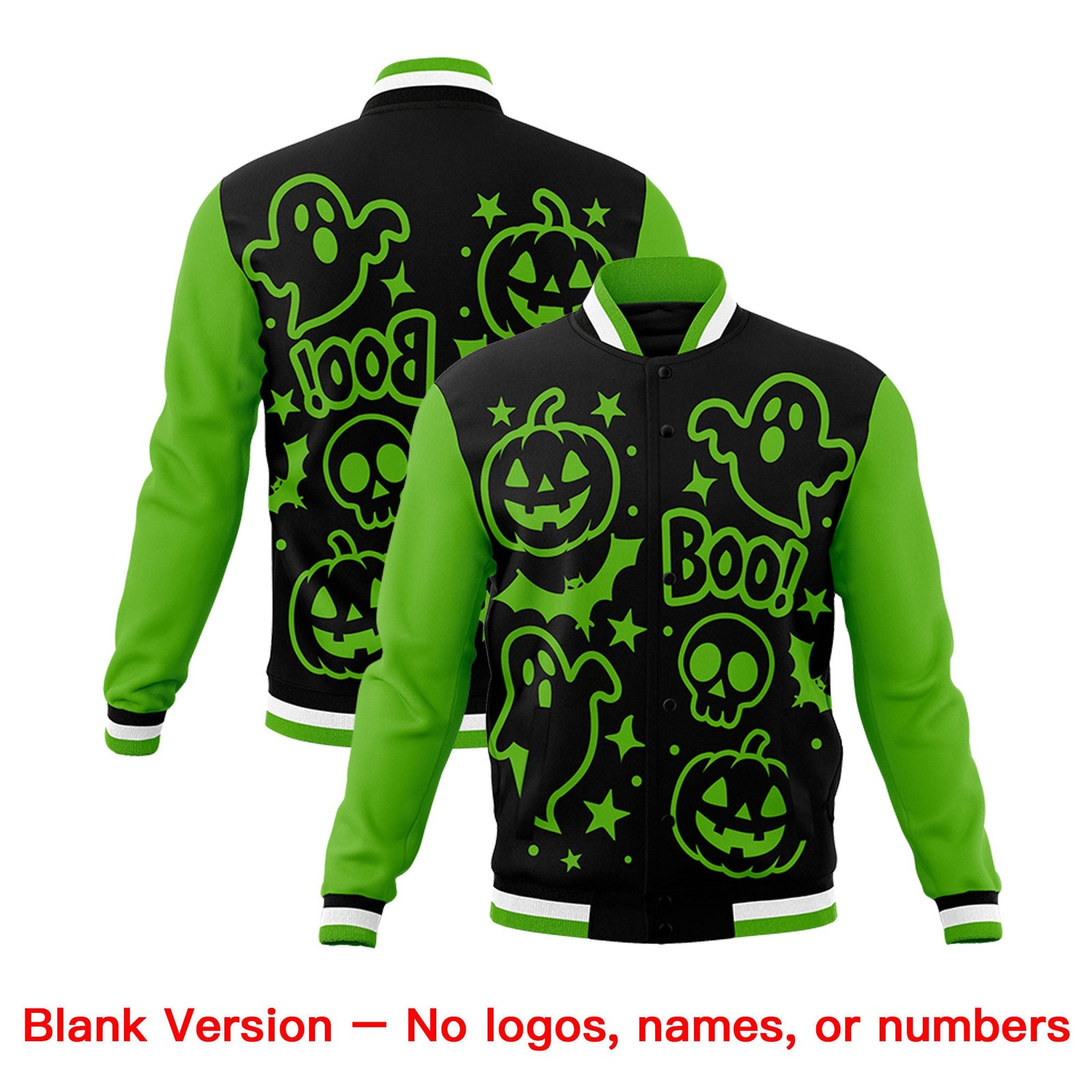 Custom Black Green White Bats Pumpkins Ghost Patterns Halloween Letterman Jacket | Custom Letterman Jacket,Add Name and Numbern,Sublimation Printed & Stitched,Perfect for Parties | KXKSHOP