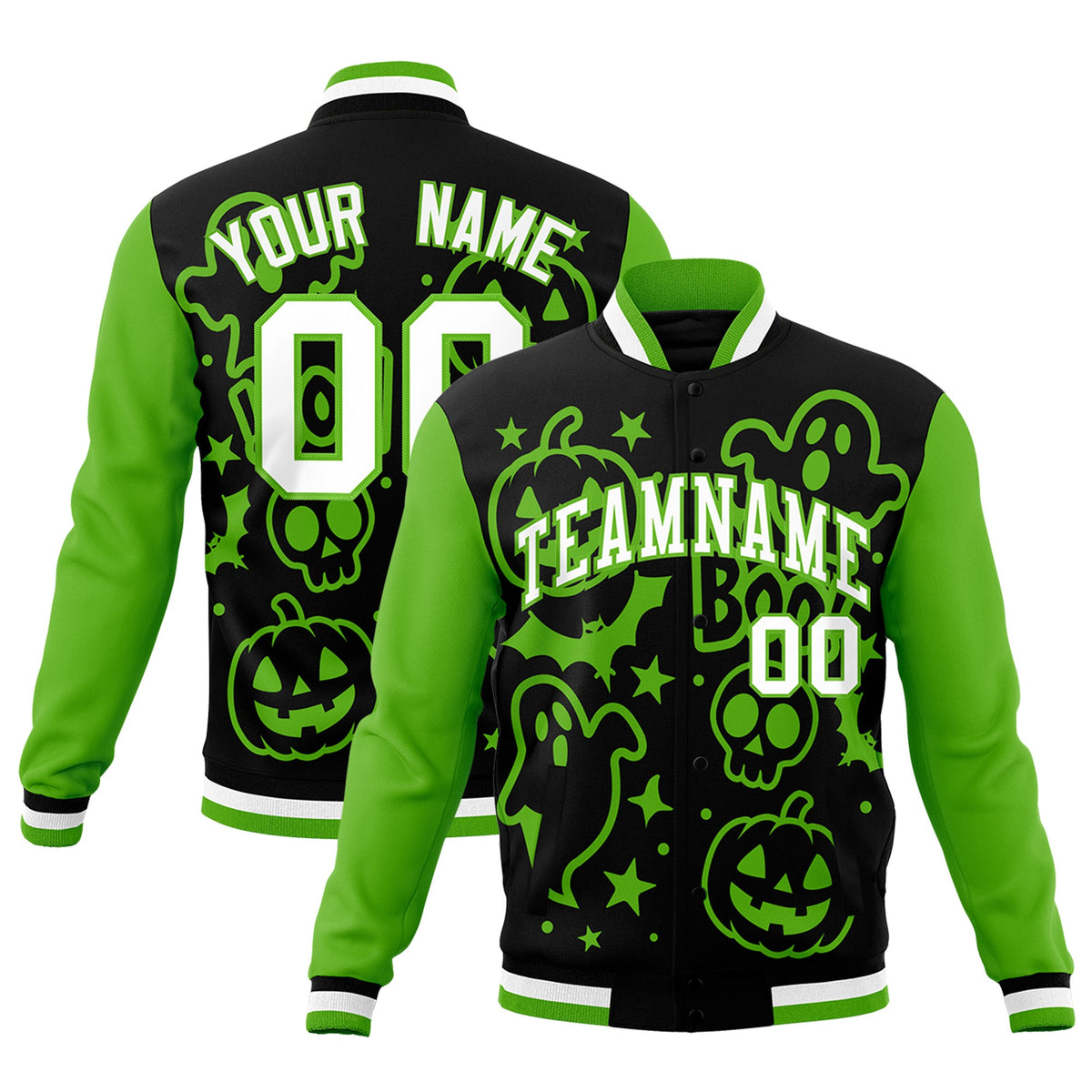 Custom Black Green White Bats Pumpkins Ghost Patterns Halloween Letterman Jacket | Custom Letterman Jacket,Add Name and Numbern,Sublimation Printed &amp; Stitched,Perfect for Parties | KXKSHOP
