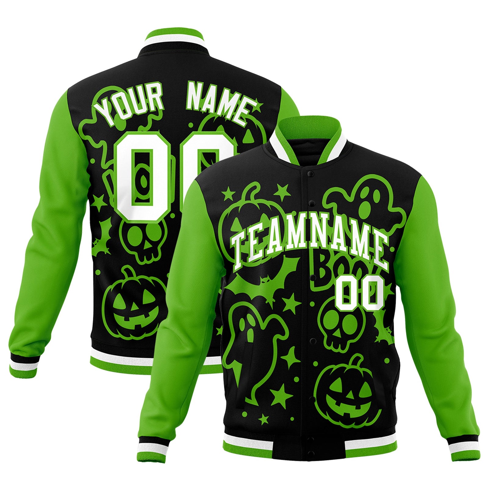 Custom Black Green White Bats Pumpkins Ghost Patterns Halloween Letterman Jacket | Custom Letterman Jacket,Add Name and Numbern,Sublimation Printed & Stitched,Perfect for Parties | KXKSHOP