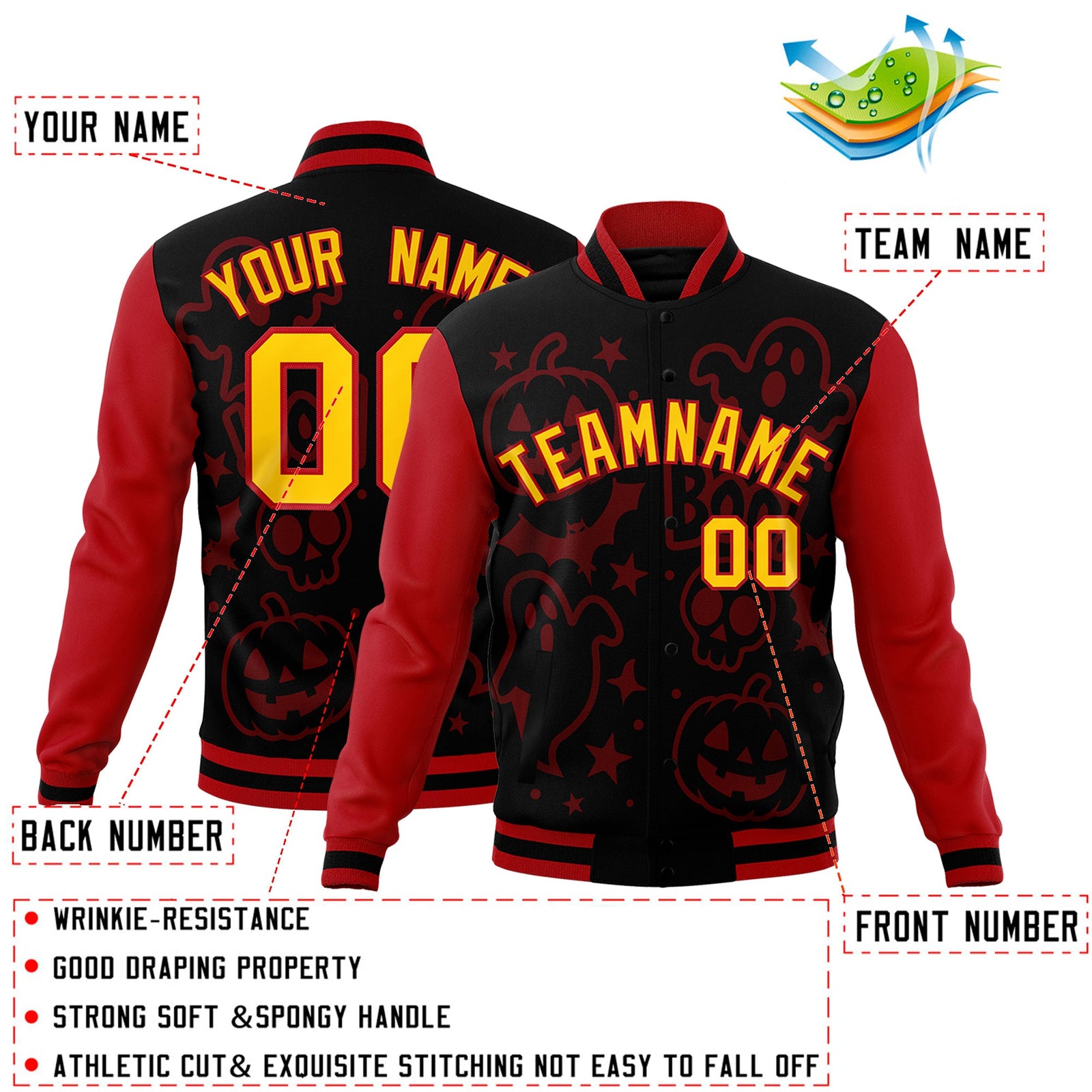 Custom Red Black Gold Bats Pumpkins Ghost Patterns Halloween Letterman Jacket | Custom Letterman Jacket,Add Name and Numbern,Sublimation Printed & Stitched,Perfect for Parties | KXKSHOP