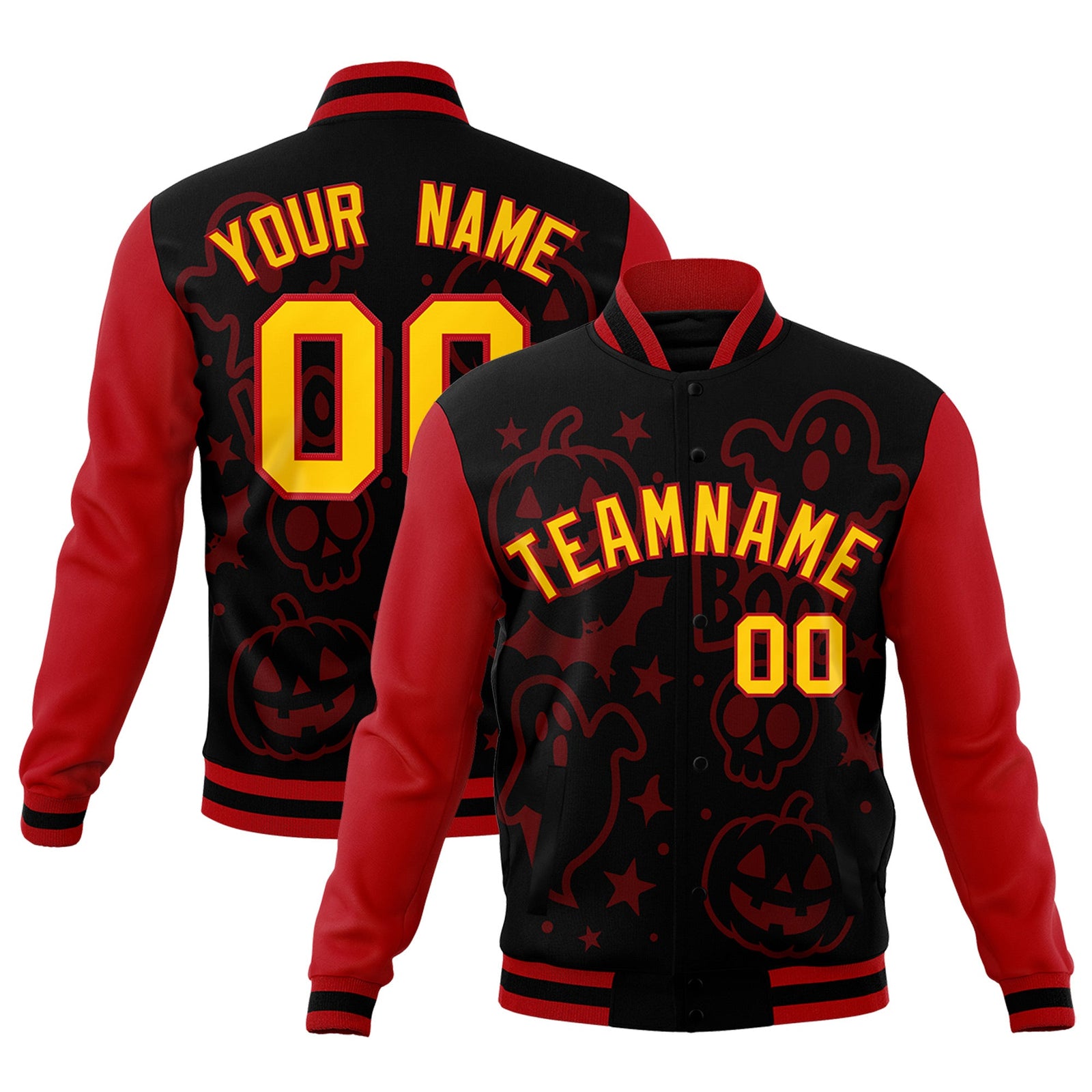 Custom Red Black Gold Bats Pumpkins Ghost Patterns Halloween Letterman Jacket | Custom Letterman Jacket,Add Name and Numbern,Sublimation Printed & Stitched,Perfect for Parties | KXKSHOP