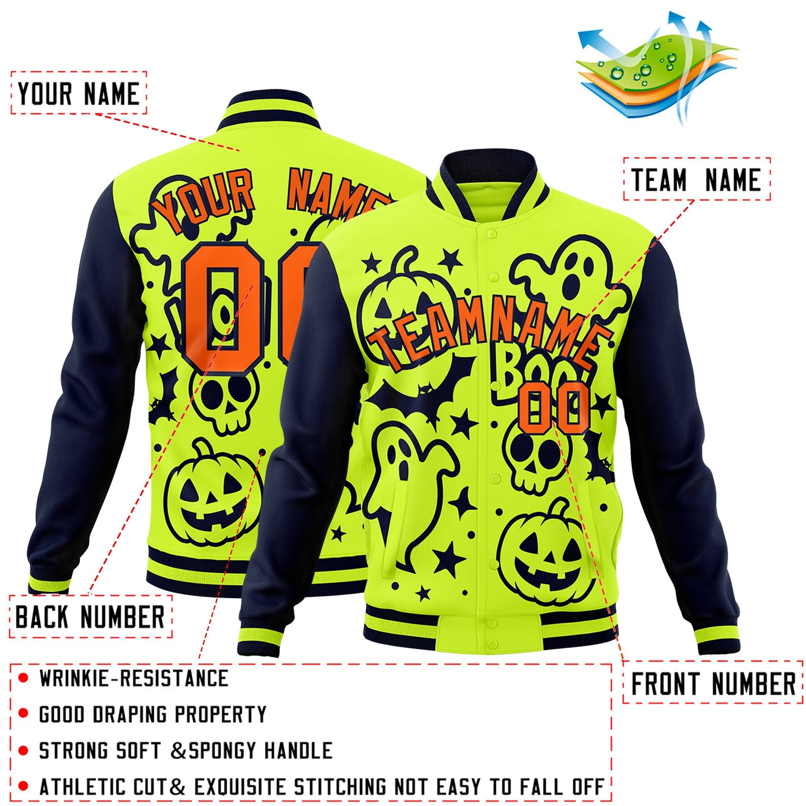 Custom Neon Green Navy Orange Bats Pumpkins Ghost Patterns Halloween Letterman Jacket | Custom Letterman Jacket,Add Name and Numbern,Sublimation Printed & Stitched,Perfect for Parties | KXKSHOP