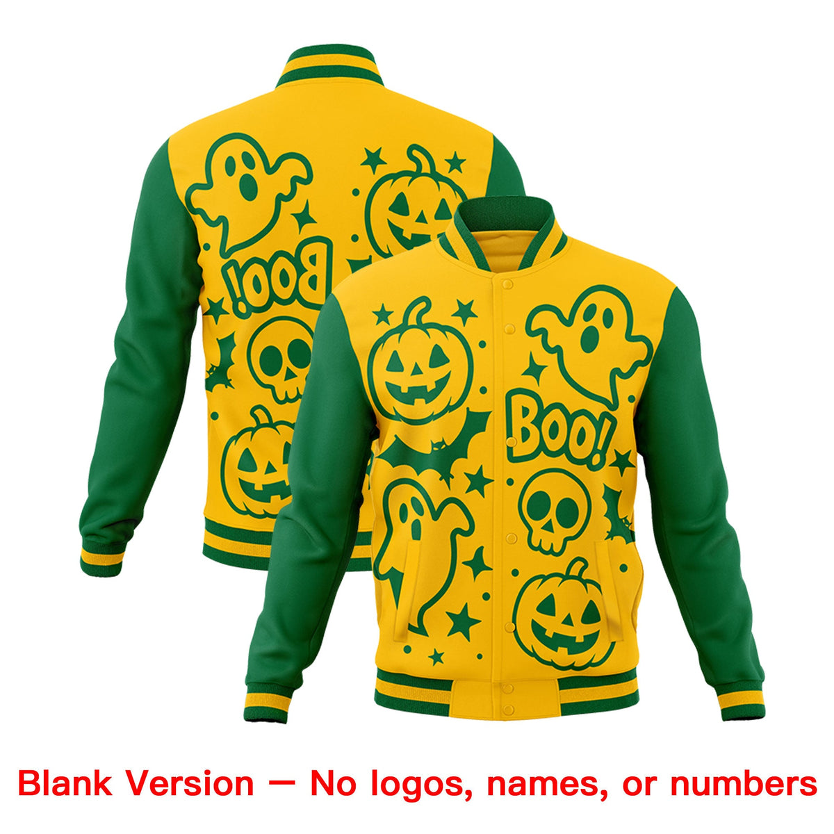 Custom Gold Kelly Green White Bats Pumpkins Ghost Patterns Halloween Letterman Jacket | Custom Letterman Jacket,Add Name and Numbern,Sublimation Printed & Stitched,Perfect for Parties | KXKSHOP