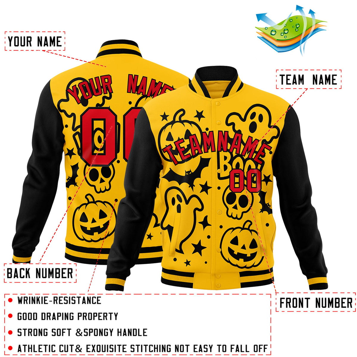 Custom Gold Black Red Bats Pumpkins Ghost Patterns Halloween Letterman Jacket | Custom Letterman Jacket,Add Name and Numbern,Sublimation Printed &amp; Stitched,Perfect for Parties | KXKSHOP
