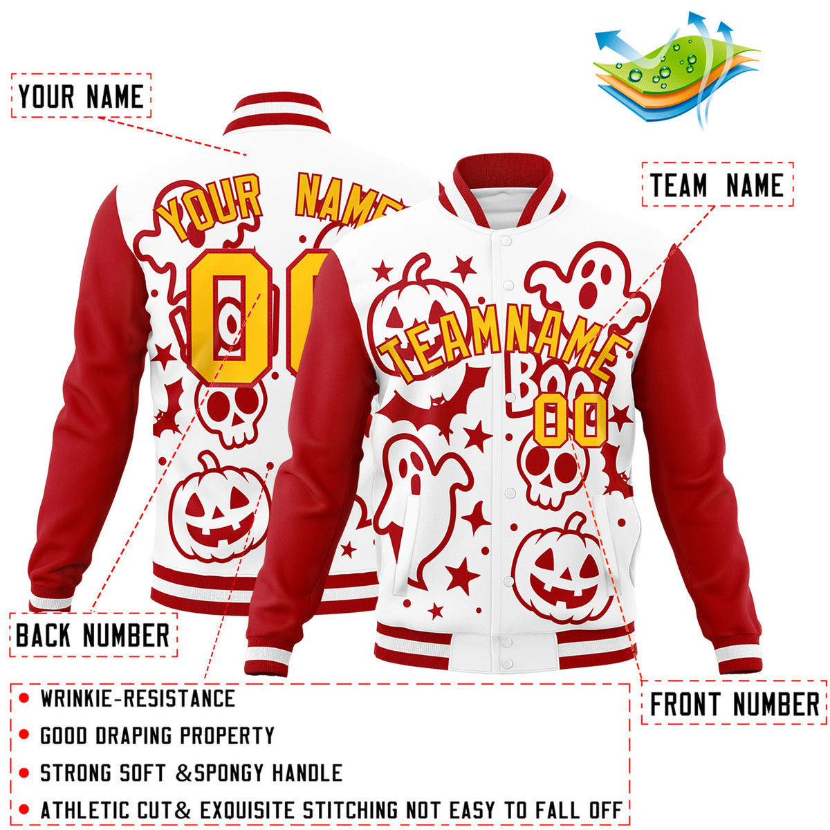 Custom White Red Gold Bats Pumpkins Ghost Patterns Halloween Letterman Jacket | Custom Letterman Jacket,Add Name and Numbern,Sublimation Printed &amp; Stitched,Perfect for Parties | KXKSHOP