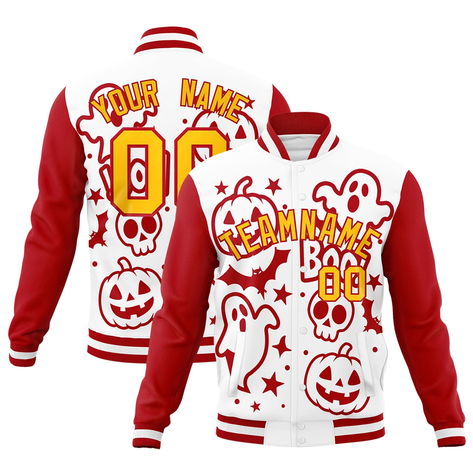 Custom White Red Gold Bats Pumpkins Ghost Patterns Halloween Letterman Jacket | Custom Letterman Jacket,Add Name and Numbern,Sublimation Printed & Stitched,Perfect for Parties | KXKSHOP