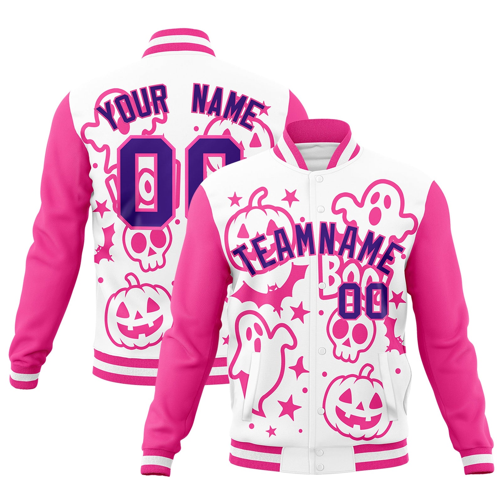 Custom White Pink Purple Bats Pumpkins Ghost Patterns Halloween Letterman Jacket | Custom Letterman Jacket,Add Name and Numbern,Sublimation Printed & Stitched,Perfect for Parties | KXKSHOP