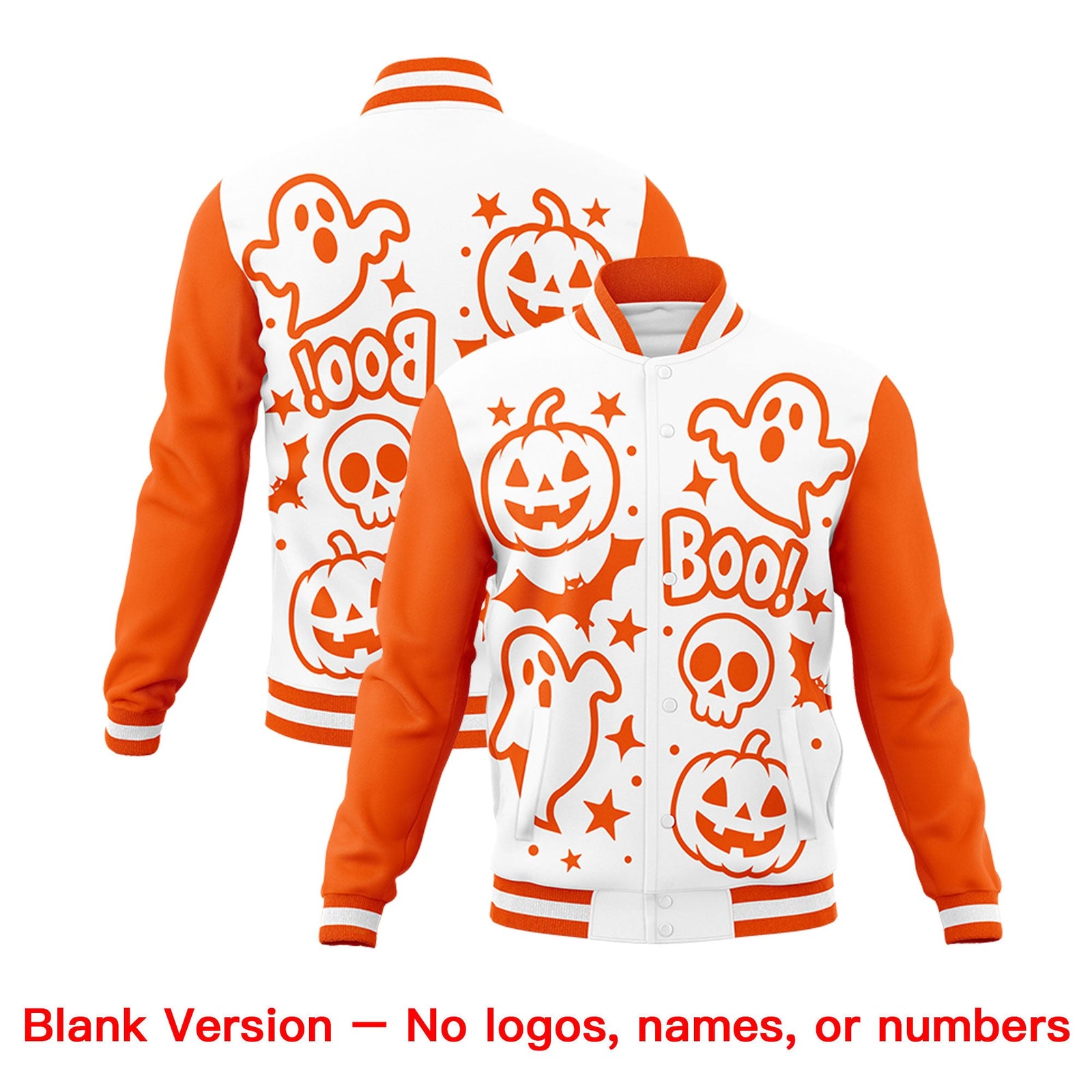 Custom White Orange Purple Bats Pumpkins Ghost Patterns Halloween Letterman Jacket | Custom Letterman Jacket,Add Name and Numbern,Sublimation Printed & Stitched,Perfect for Parties | KXKSHOP