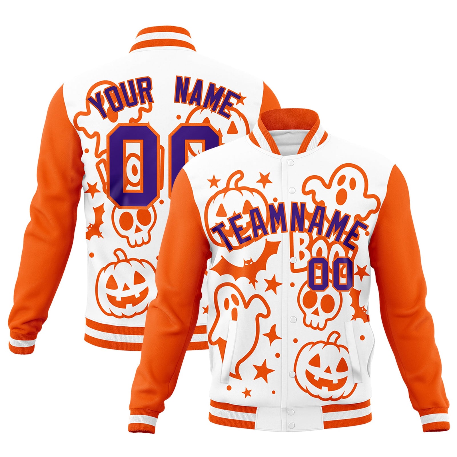 Custom White Orange Purple Bats Pumpkins Ghost Patterns Halloween Letterman Jacket | Custom Letterman Jacket,Add Name and Numbern,Sublimation Printed & Stitched,Perfect for Parties | KXKSHOP