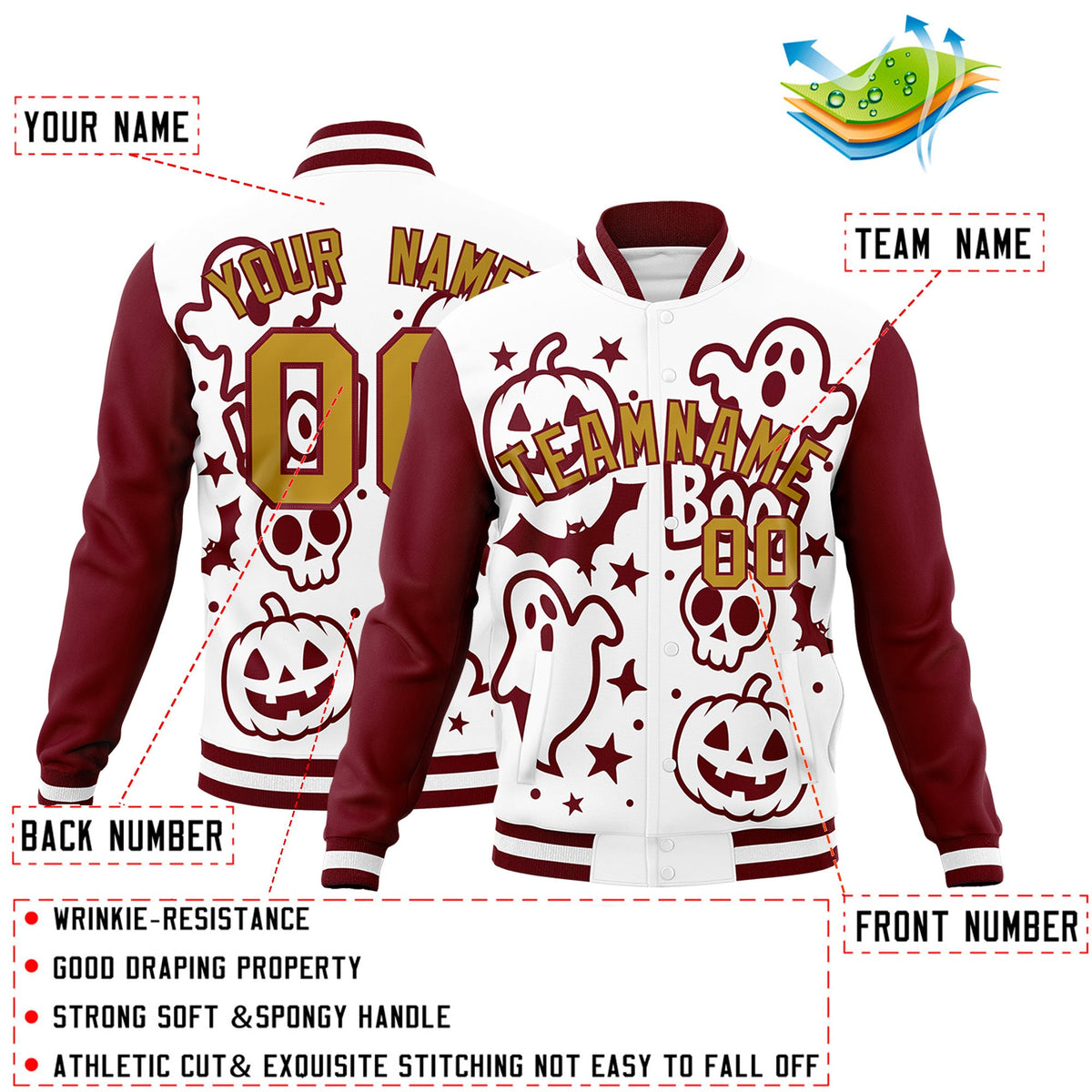 Custom White Crimson Old Gold Bats Pumpkins Ghost Patterns Halloween Letterman Jacket | Custom Letterman Jacket,Add Name and Numbern,Sublimation Printed &amp; Stitched,Perfect for Parties | KXKSHOP