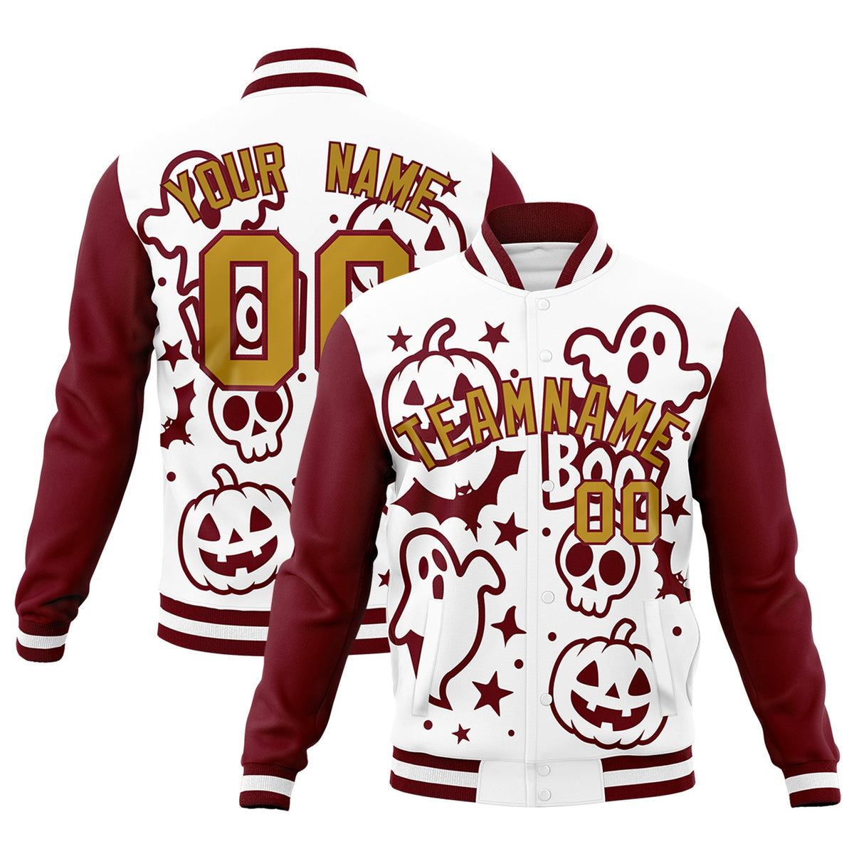 Custom White Crimson Old Gold Bats Pumpkins Ghost Patterns Halloween Letterman Jacket | Custom Letterman Jacket,Add Name and Numbern,Sublimation Printed &amp; Stitched,Perfect for Parties | KXKSHOP