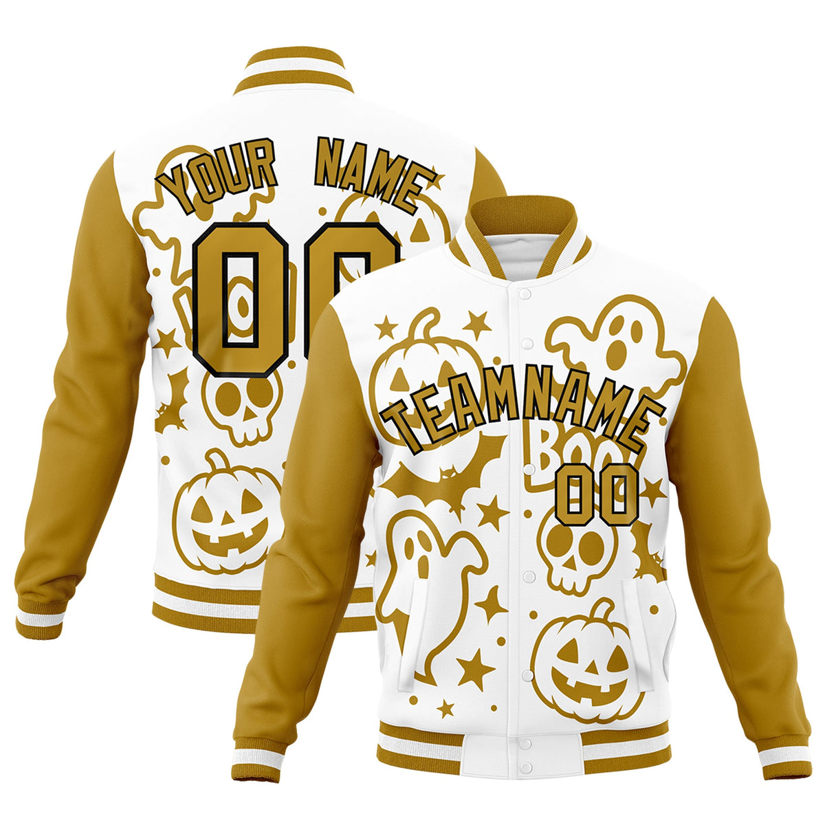 Custom White Old Gold Black Bats Pumpkins Ghost Patterns Halloween Letterman Jacket | Custom Letterman Jacket,Add Name and Numbern,Sublimation Printed &amp; Stitched,Perfect for Parties | KXKSHOP