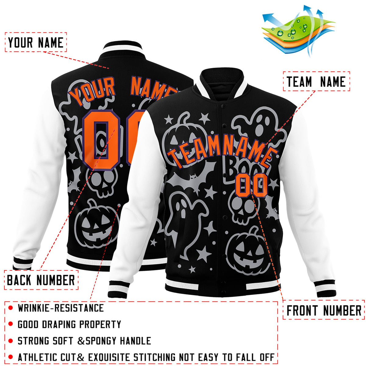 Custom Navy White Orange Bats Pumpkins Ghost Patterns Halloween Letterman Jacket | Custom Letterman Jacket,Add Name and Numbern,Sublimation Printed &amp; Stitched,Perfect for Parties | KXKSHOP