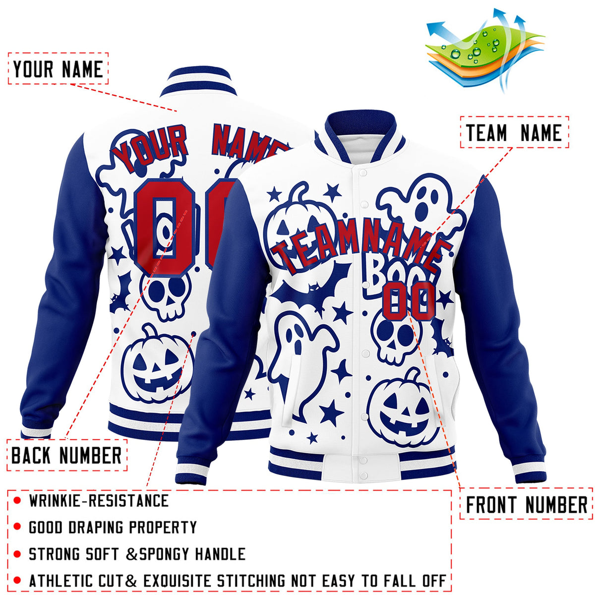 Custom Royal Blue White Red Bats Pumpkins Ghost Patterns Halloween Letterman Jacket | Custom Letterman Jacket,Add Name and Numbern,Sublimation Printed &amp; Stitched,Perfect for Parties | KXKSHOP
