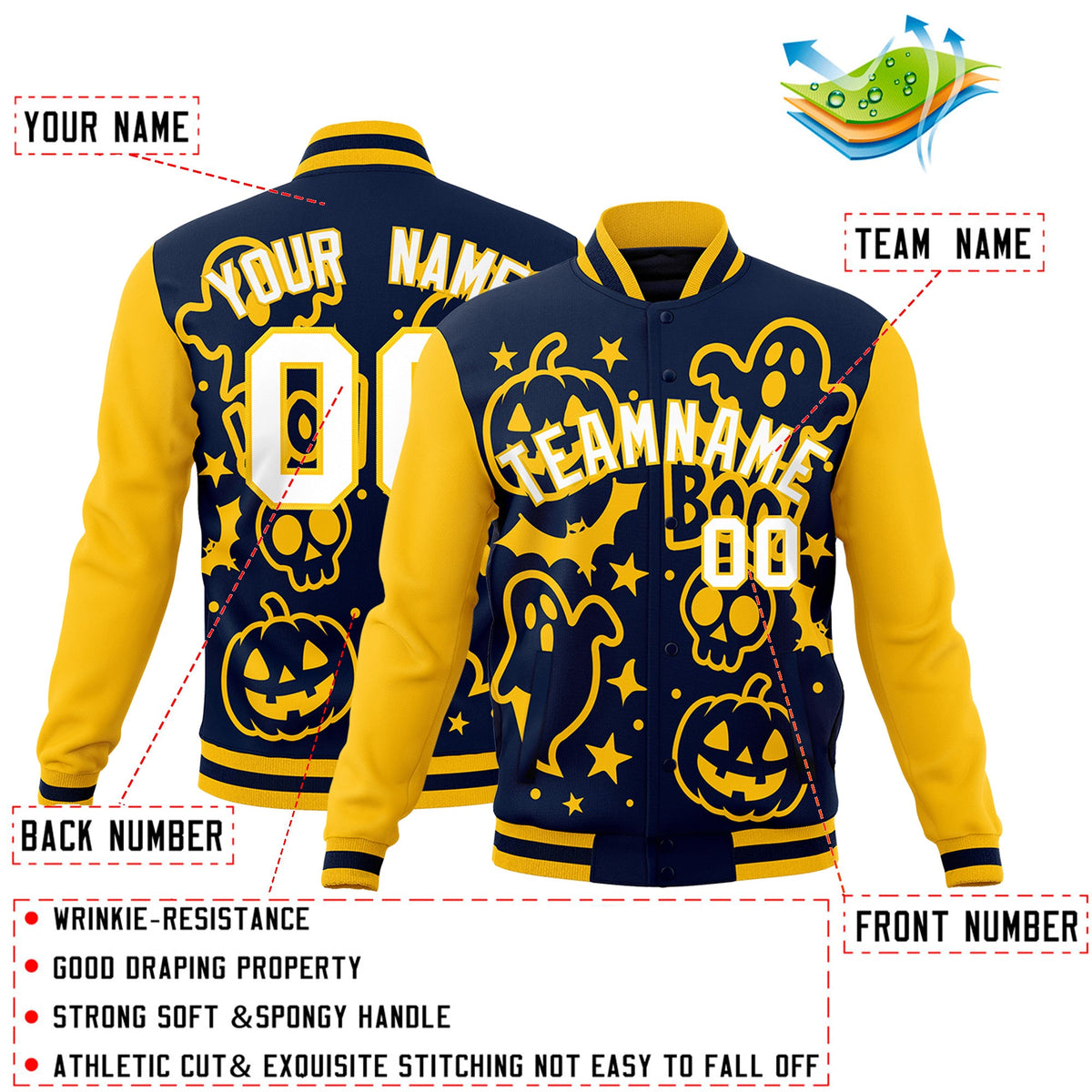Custom Gold Navy White Bats Pumpkins Ghost Patterns Halloween Letterman Jacket | Custom Letterman Jacket,Add Name and Numbern,Sublimation Printed &amp; Stitched,Perfect for Parties | KXKSHOP