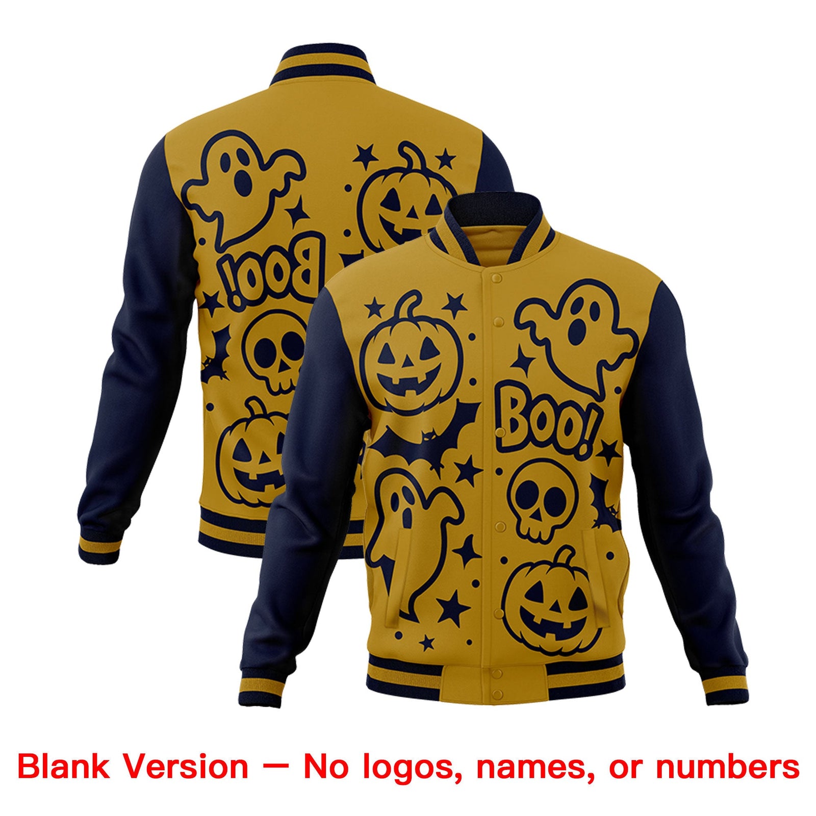 Custom Navy Old Gold Gray Bats Pumpkins Ghost Patterns Halloween Letterman Jacket | Custom Letterman Jacket,Add Name and Numbern,Sublimation Printed & Stitched,Perfect for Parties | KXKSHOP